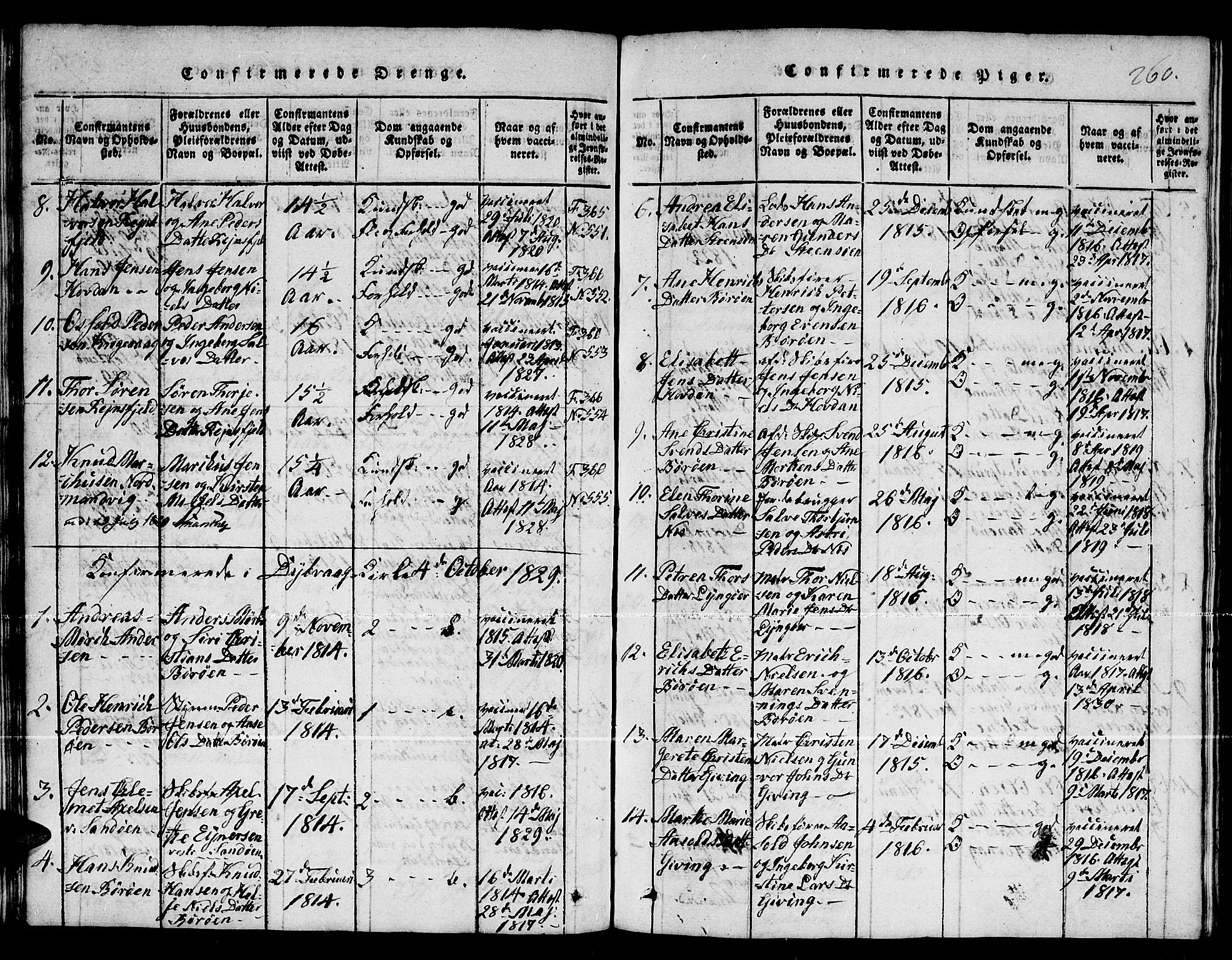 Dypvåg sokneprestkontor, SAK/1111-0007/F/Fb/Fba/L0009: Parish register (copy) no. B 9, 1816-1842, p. 260