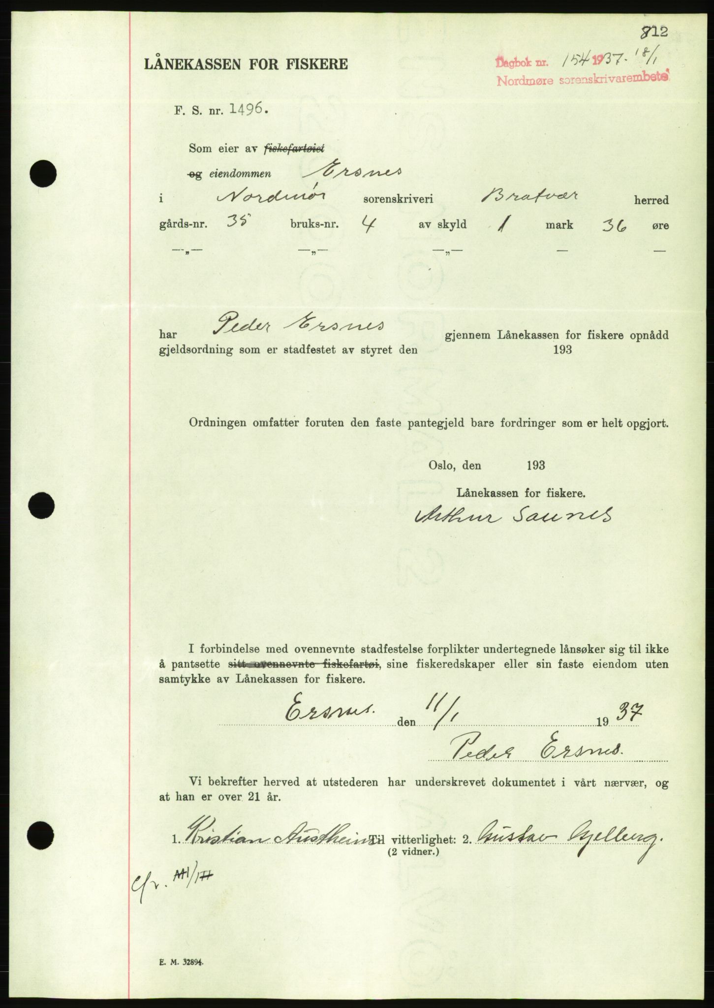 Nordmøre sorenskriveri, AV/SAT-A-4132/1/2/2Ca/L0090: Mortgage book no. B80, 1936-1937, Diary no: : 154/1937