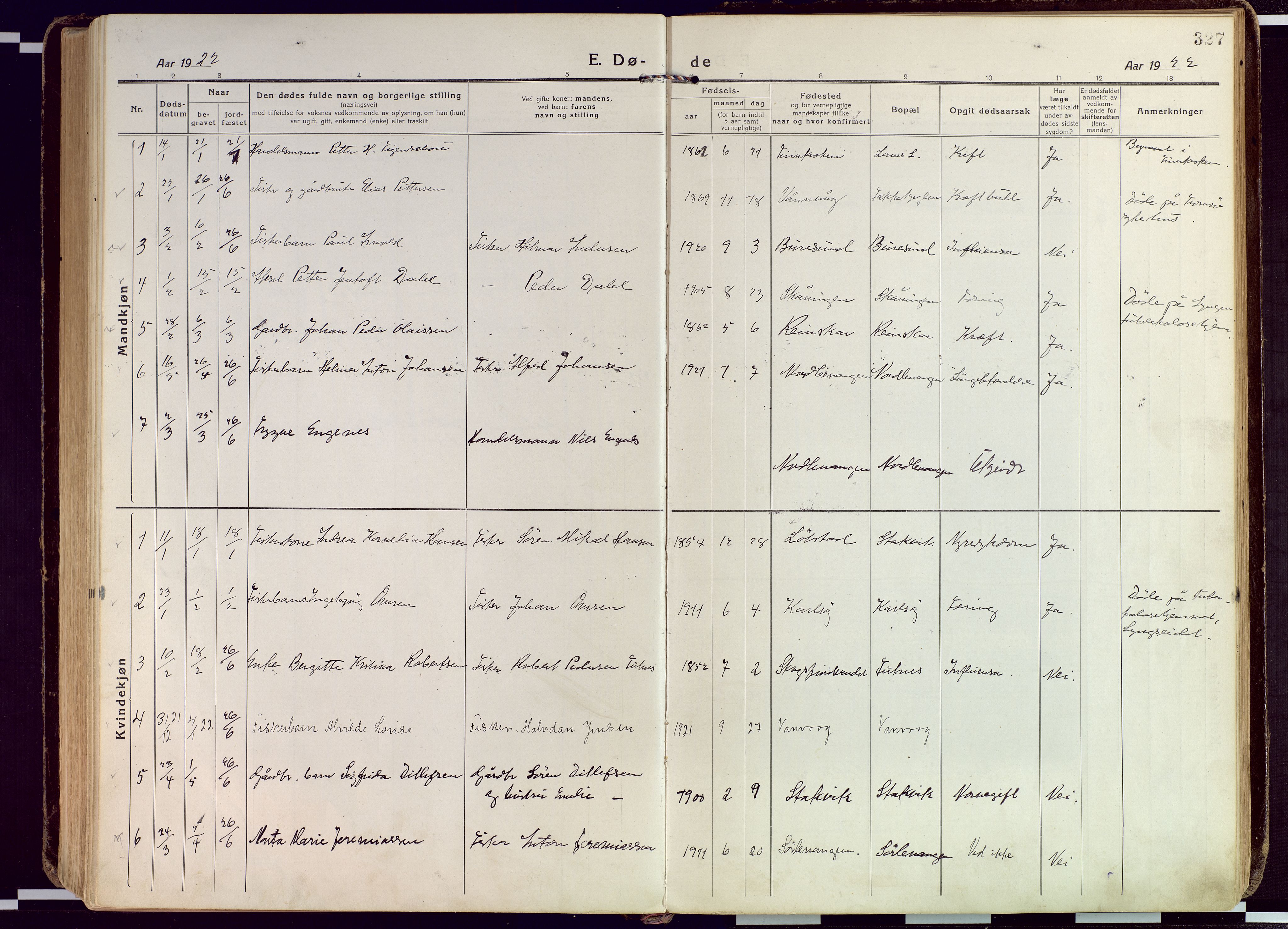 Karlsøy sokneprestembete, AV/SATØ-S-1299/H/Ha/Haa/L0015kirke: Parish register (official) no. 15, 1918-1929, p. 327