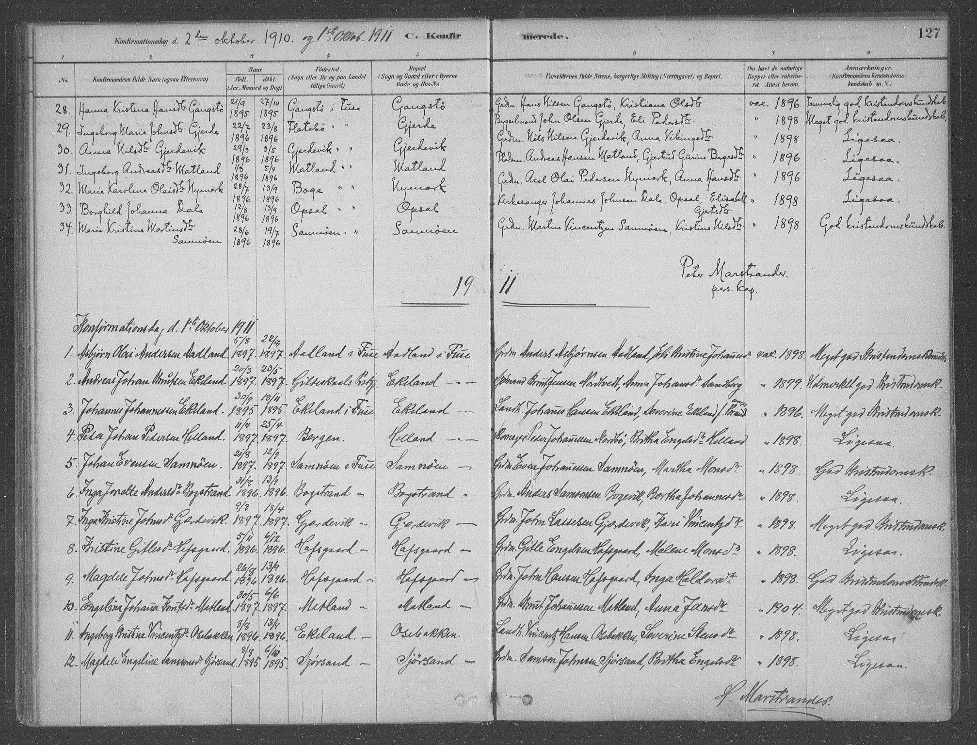 Fusa sokneprestembete, AV/SAB-A-75401/H/Haa: Parish register (official) no. B 1, 1880-1938, p. 127