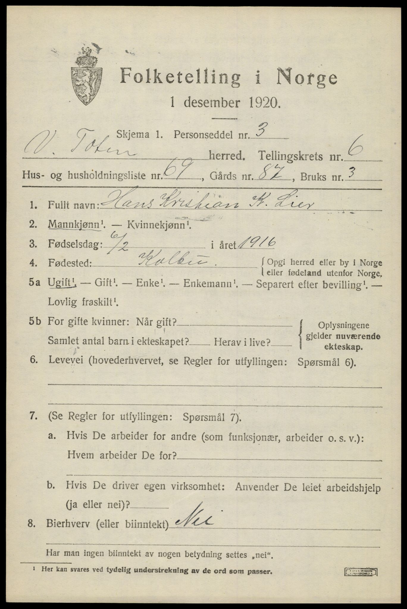 SAH, 1920 census for Vestre Toten, 1920, p. 8914