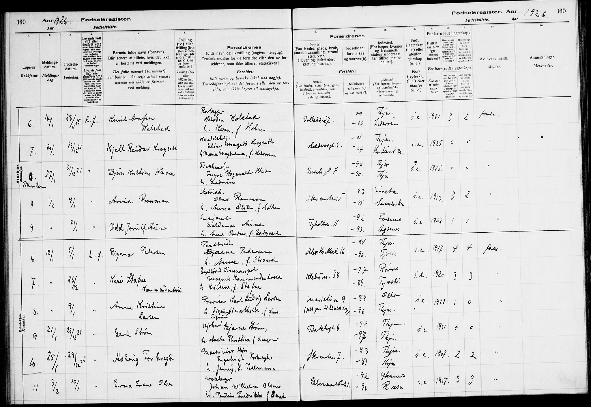 Ministerialprotokoller, klokkerbøker og fødselsregistre - Sør-Trøndelag, SAT/A-1456/604/L0233: Birth register no. 604.II.4.2, 1920-1928, p. 160