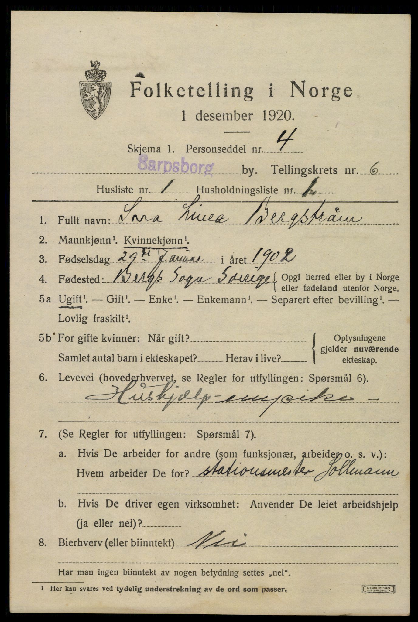 SAO, 1920 census for Sarpsborg, 1920, p. 14808