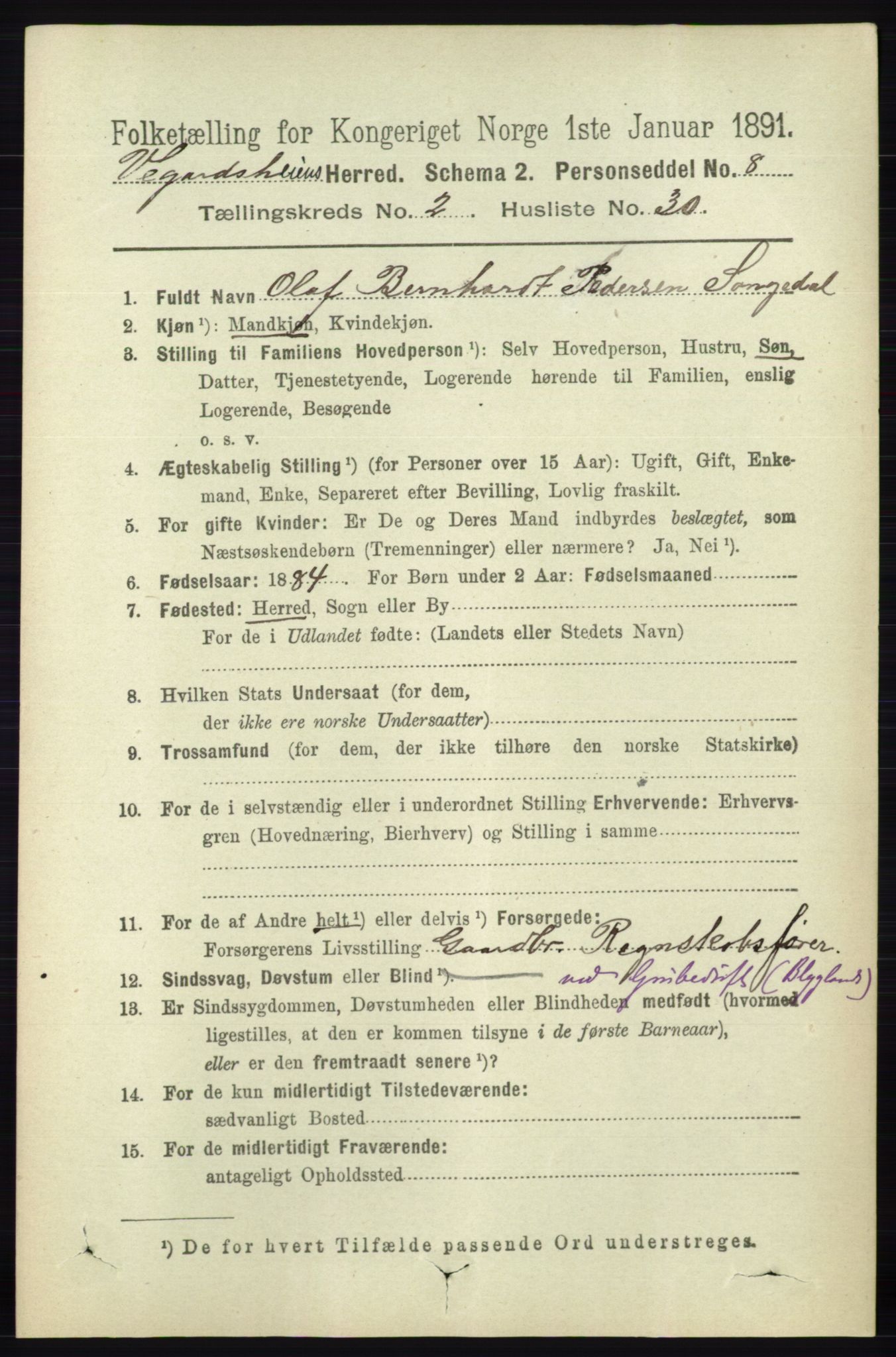 RA, 1891 census for 0912 Vegårshei, 1891, p. 592