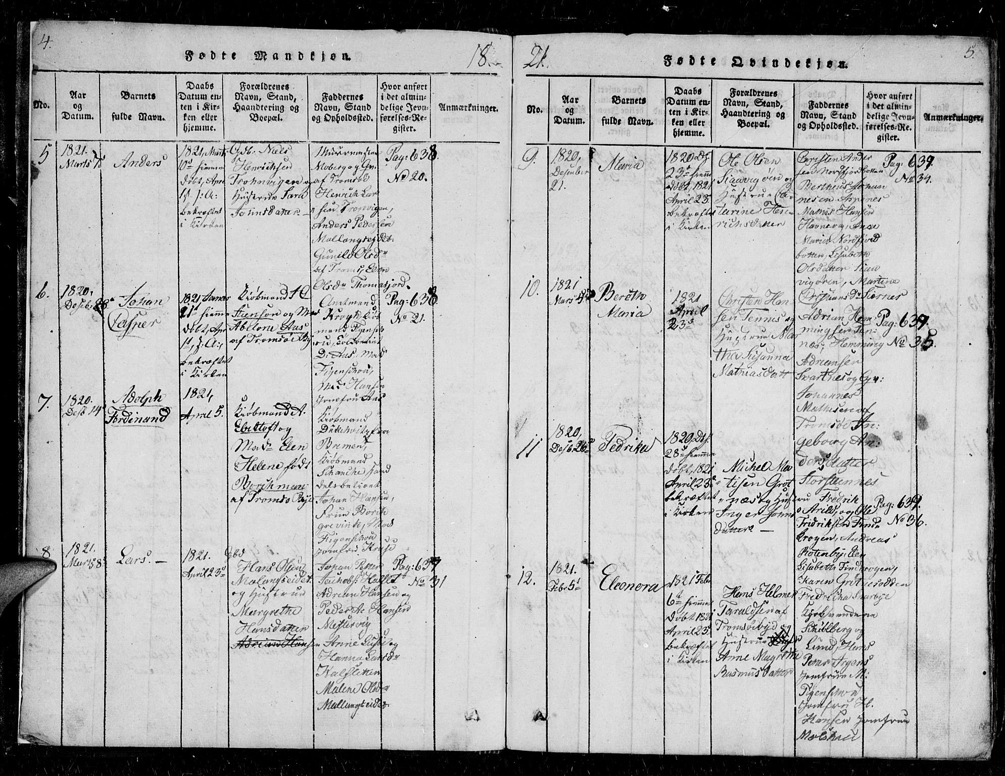 Tromsø sokneprestkontor/stiftsprosti/domprosti, SATØ/S-1343/G/Gb/L0001klokker: Parish register (copy) no. 1, 1821-1833, p. 4-5