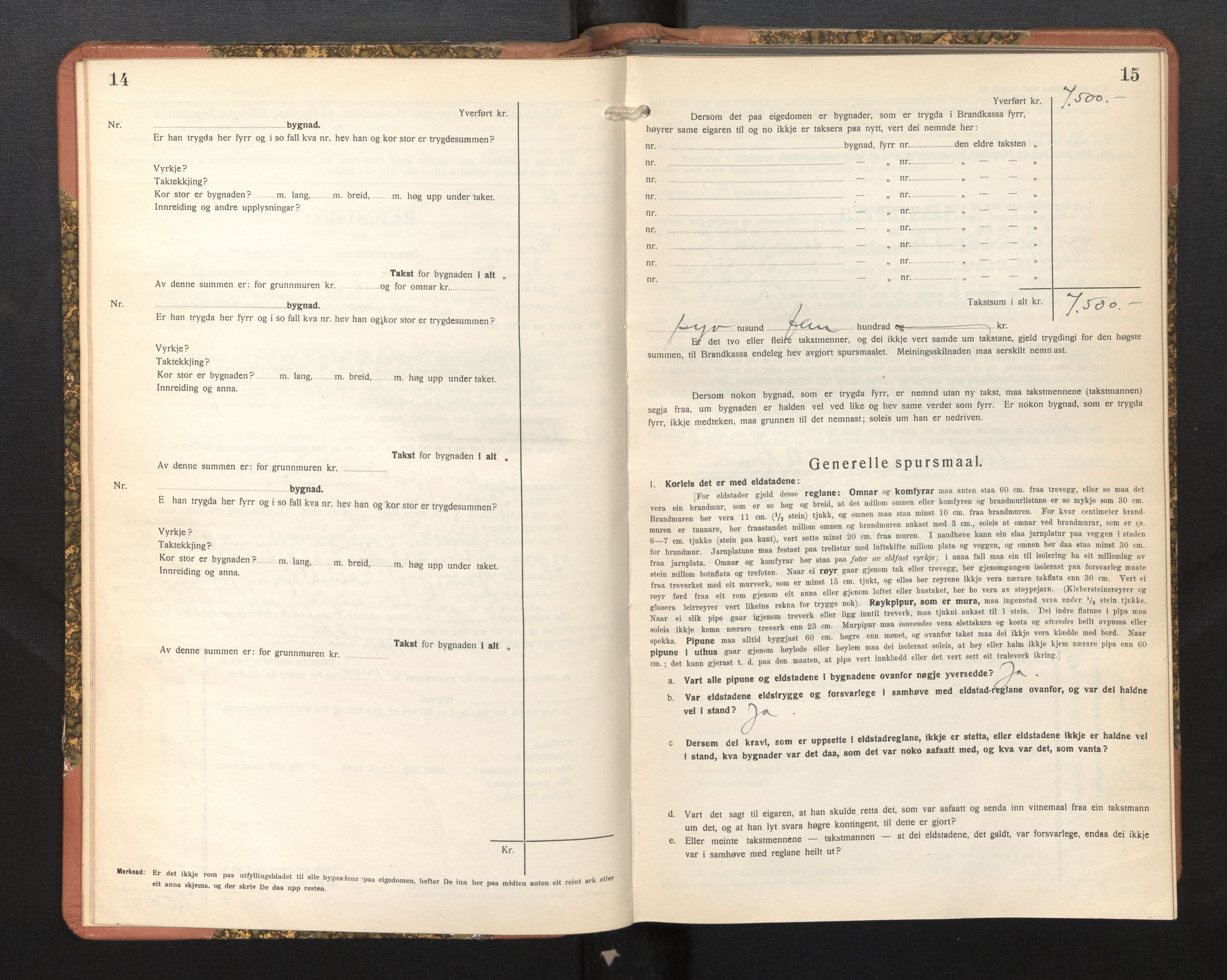 Lensmannen i Evanger, AV/SAB-A-31701/0012/L0006: Branntakstprotokoll, skjematakst, 1936-1955, p. 14-15