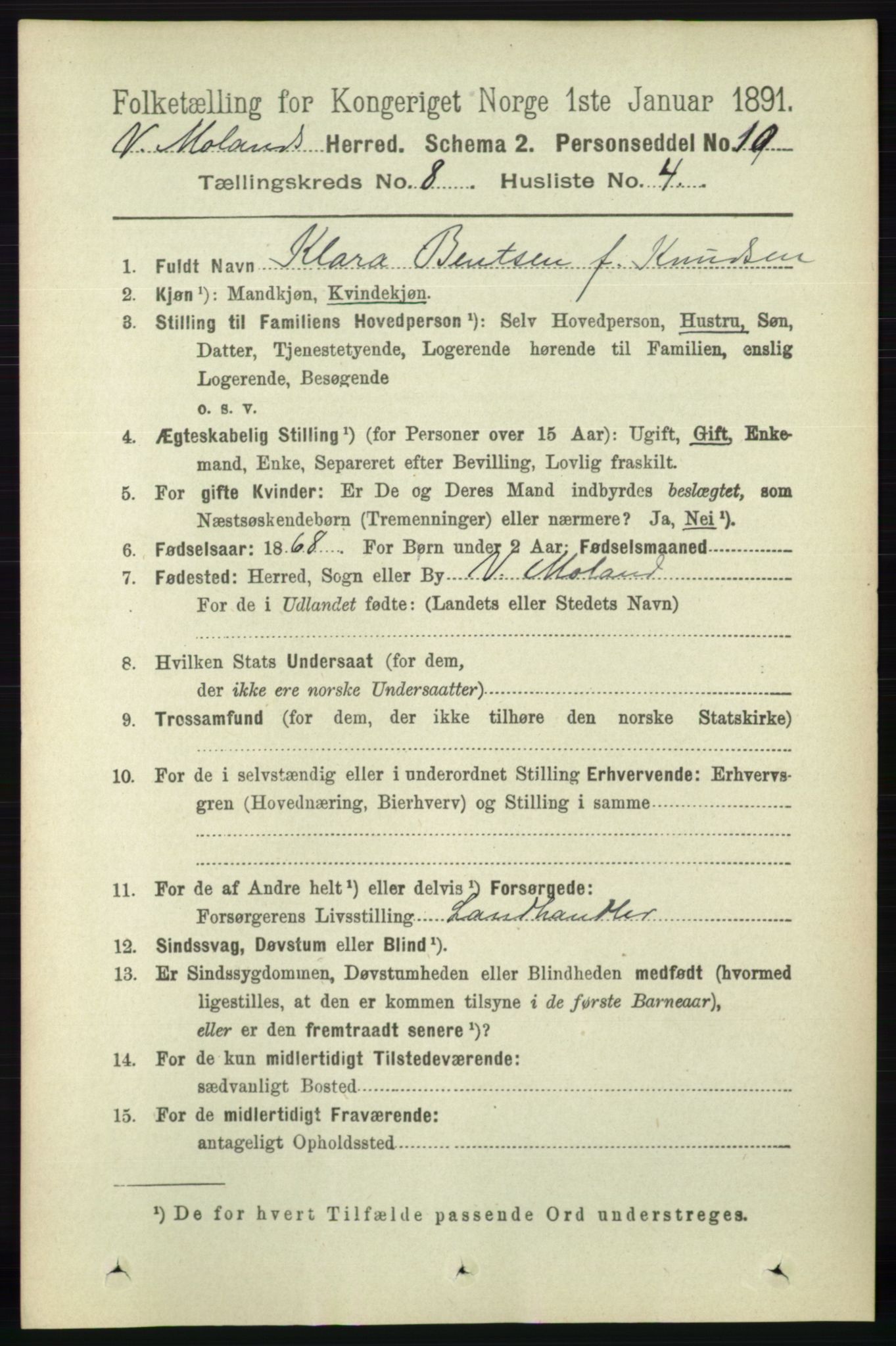 RA, 1891 census for 0926 Vestre Moland, 1891, p. 3026