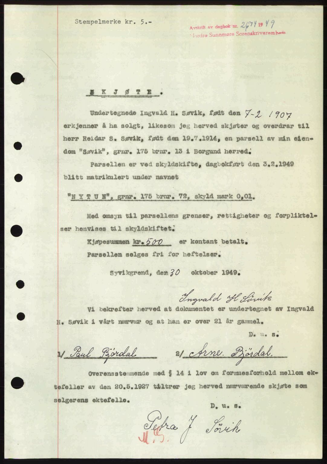 Nordre Sunnmøre sorenskriveri, AV/SAT-A-0006/1/2/2C/2Ca: Mortgage book no. A33, 1949-1950, Diary no: : 2674/1949