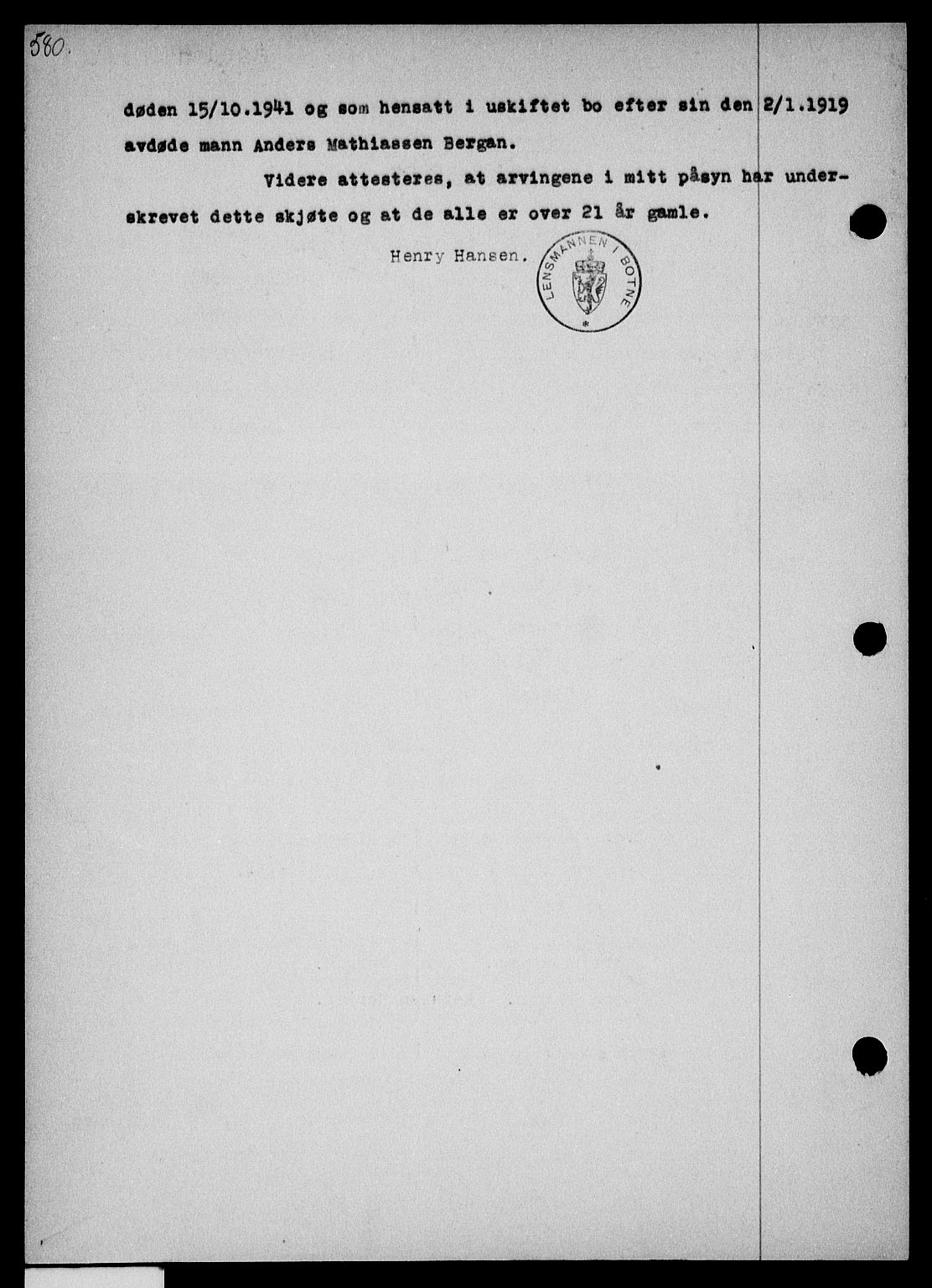 Holmestrand sorenskriveri, SAKO/A-67/G/Ga/Gaa/L0054: Mortgage book no. A-54, 1941-1942, Diary no: : 2042/1941