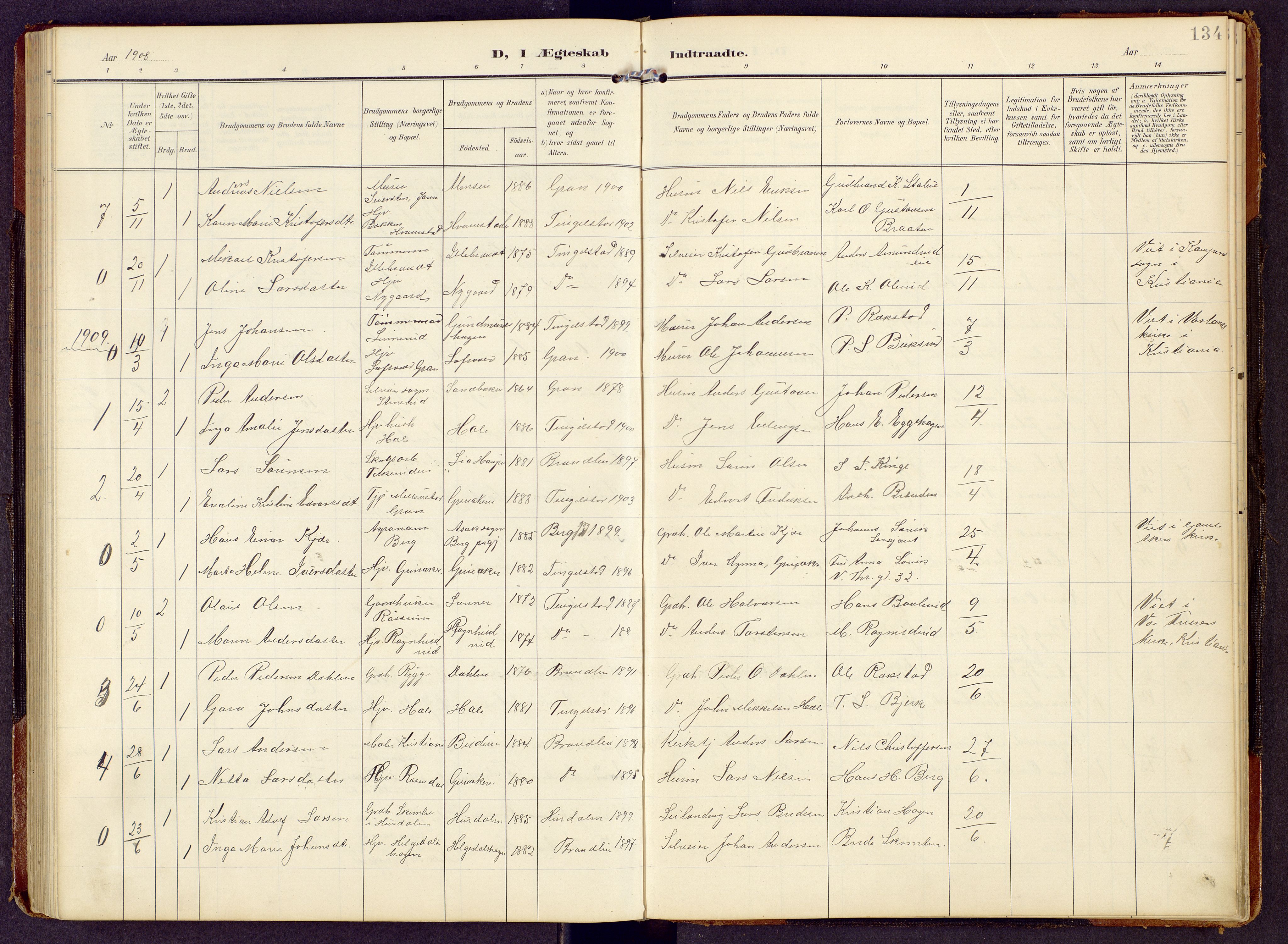 Brandbu prestekontor, SAH/PREST-114/H/Ha/Hab/L0009: Parish register (copy) no. 9, 1903-1916, p. 134