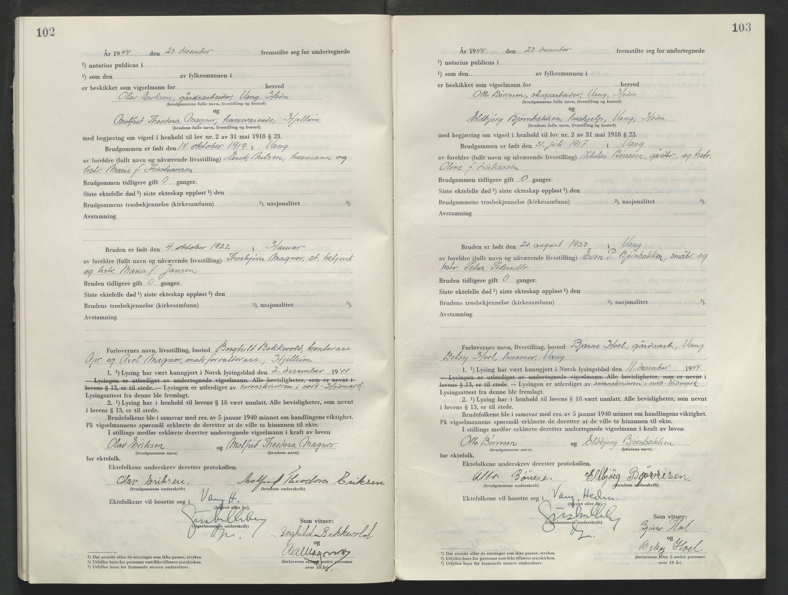 Sør-Hedmark sorenskriveri, AV/SAH-TING-014/L/Le/L0002/0001: Vigselsbøker / Vigselbok, 1944-1945, p. 104-105