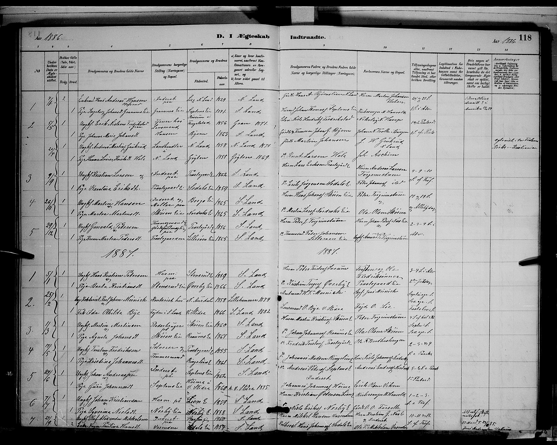 Søndre Land prestekontor, AV/SAH-PREST-122/L/L0003: Parish register (copy) no. 3, 1884-1902, p. 118