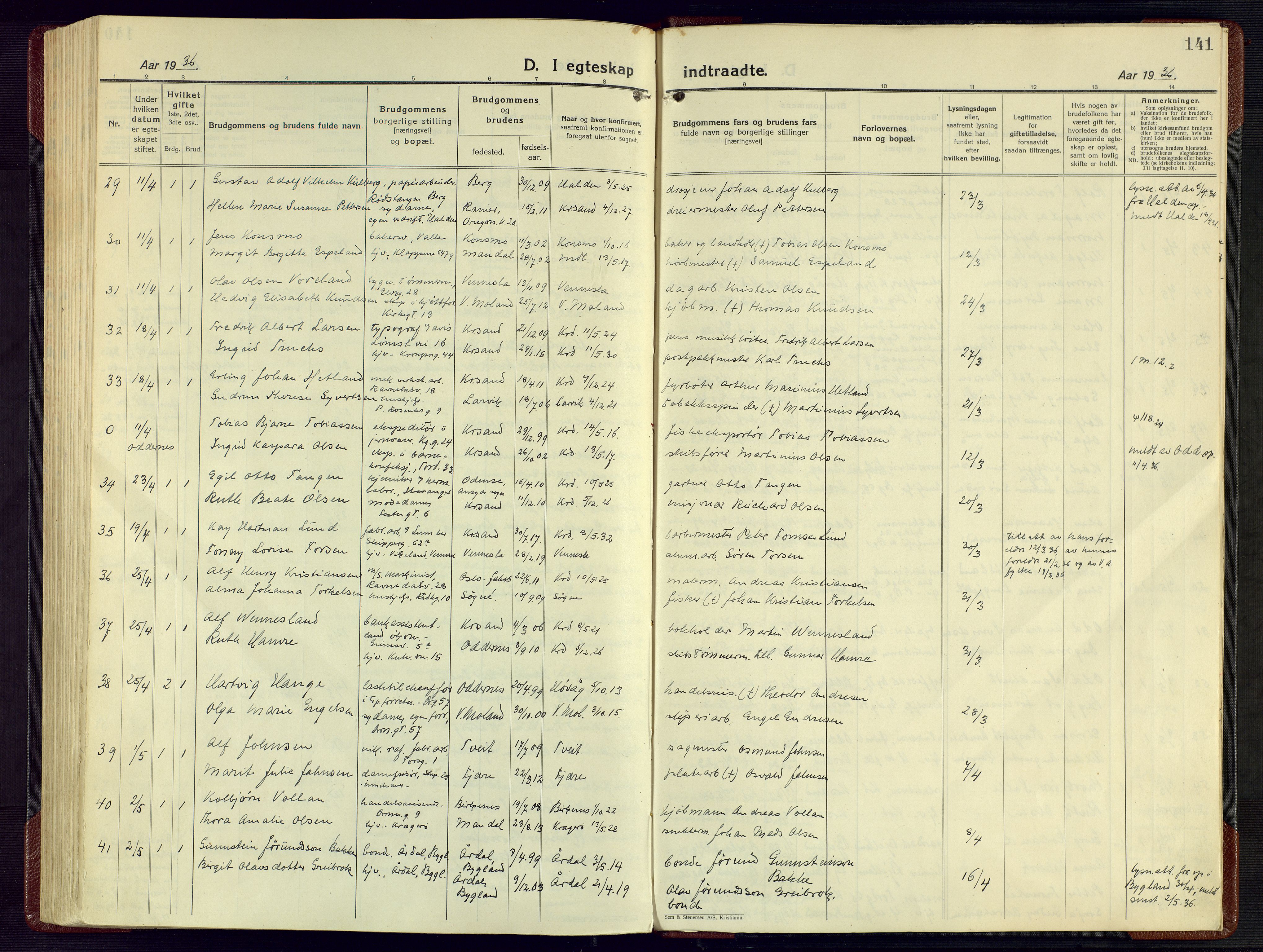 Kristiansand domprosti, AV/SAK-1112-0006/F/Fa/L0029: Parish register (official) no. A 28, 1925-1936, p. 141