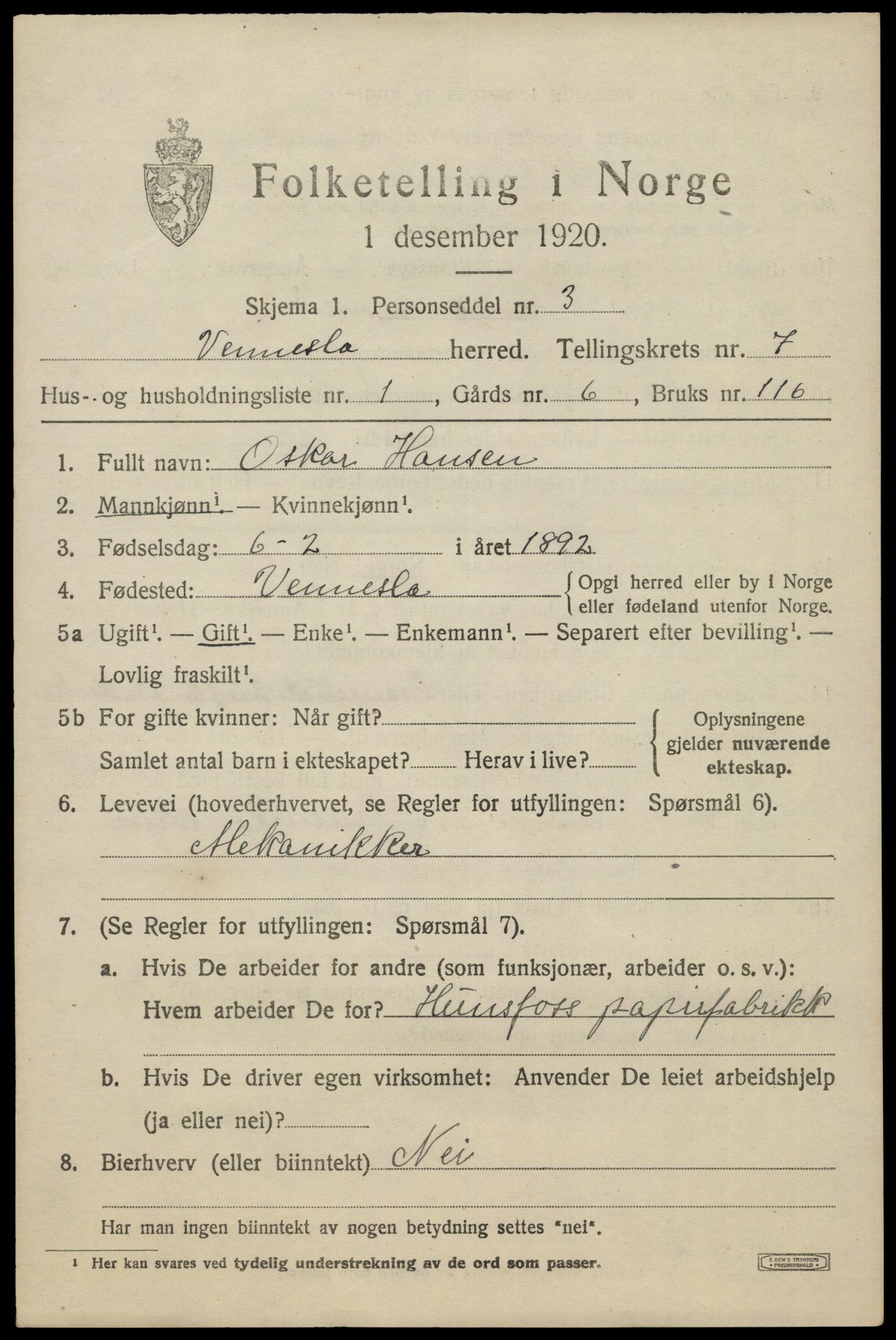 SAK, 1920 census for Vennesla, 1920, p. 4728