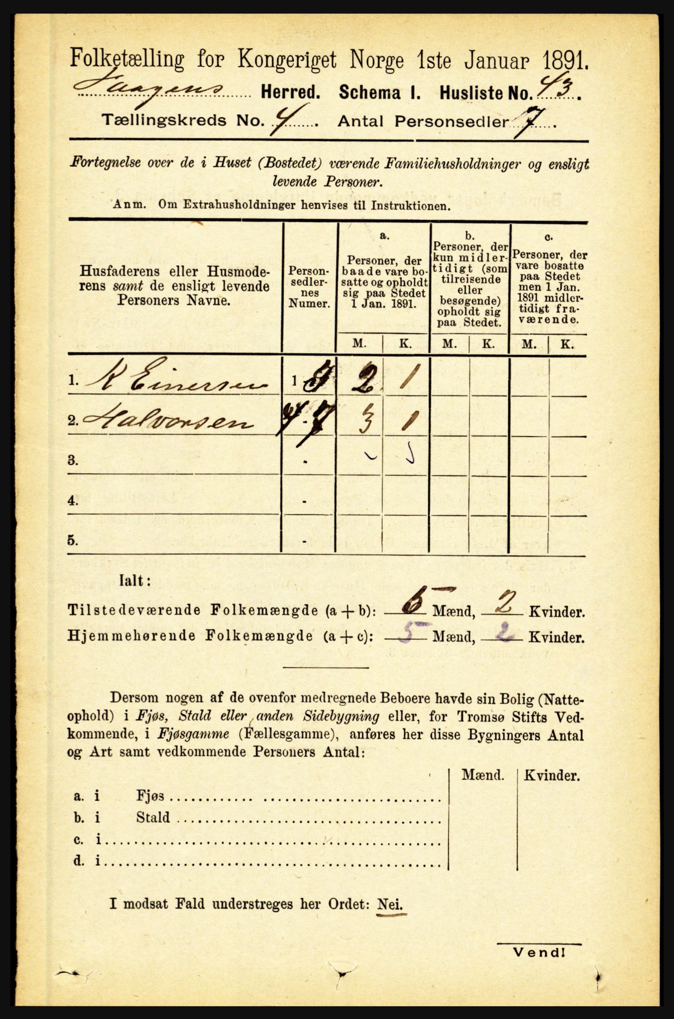 RA, 1891 census for 1865 Vågan, 1891, p. 920