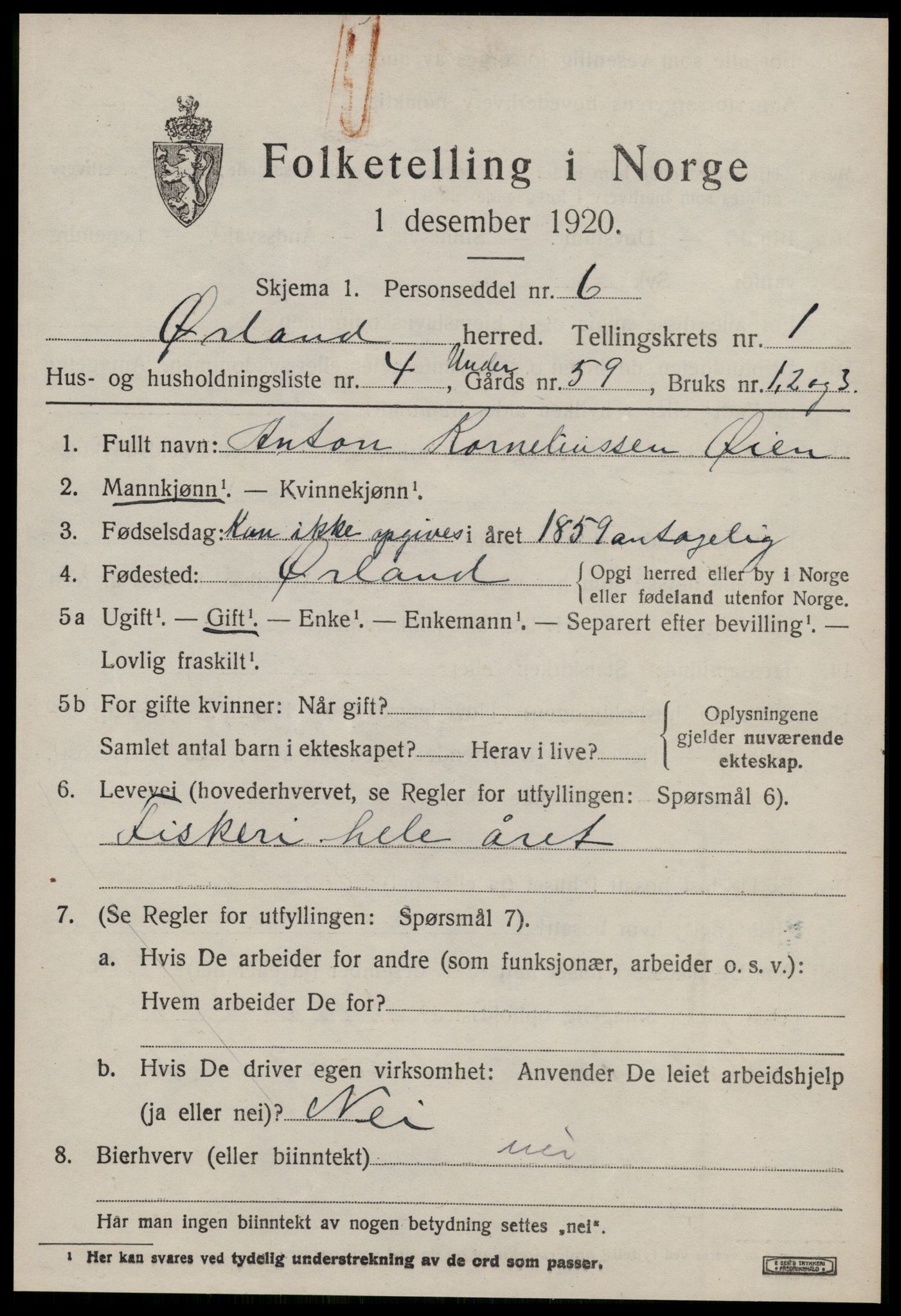 SAT, 1920 census for Ørland, 1920, p. 1401