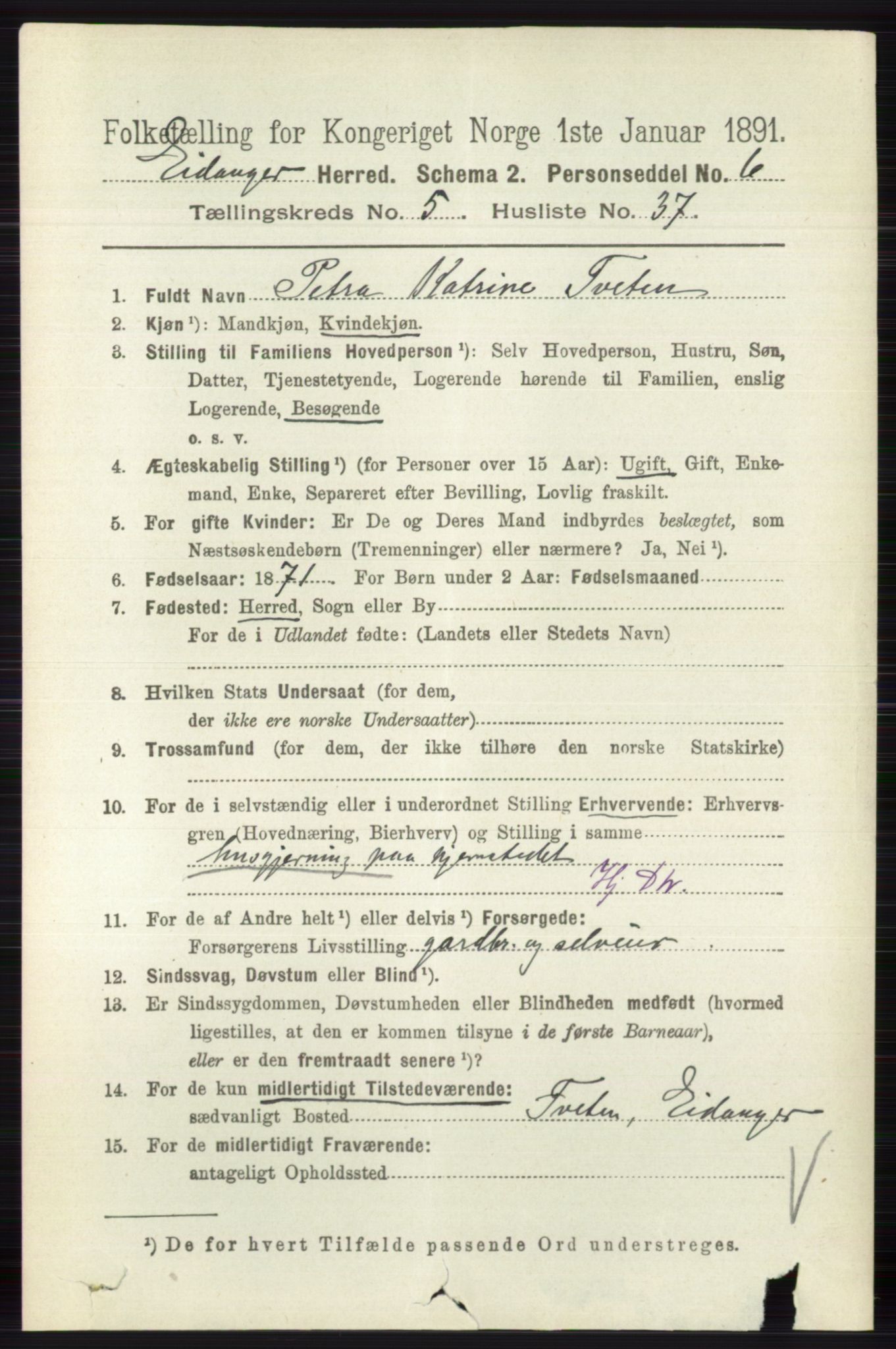 RA, 1891 census for 0813 Eidanger, 1891, p. 2542