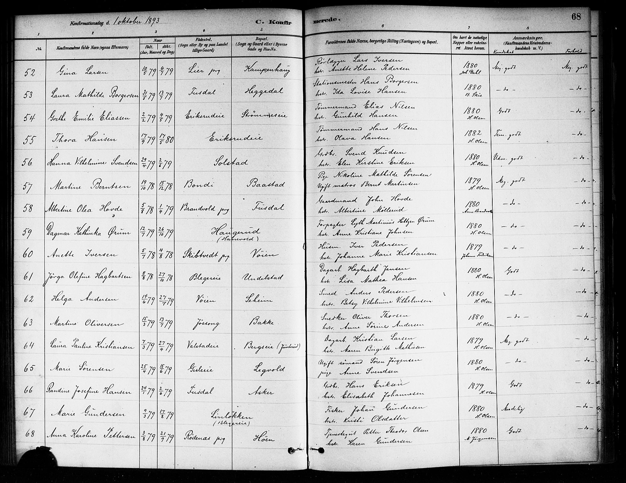 Asker prestekontor Kirkebøker, SAO/A-10256a/F/Fa/L0014: Parish register (official) no. I 14, 1879-1900, p. 68