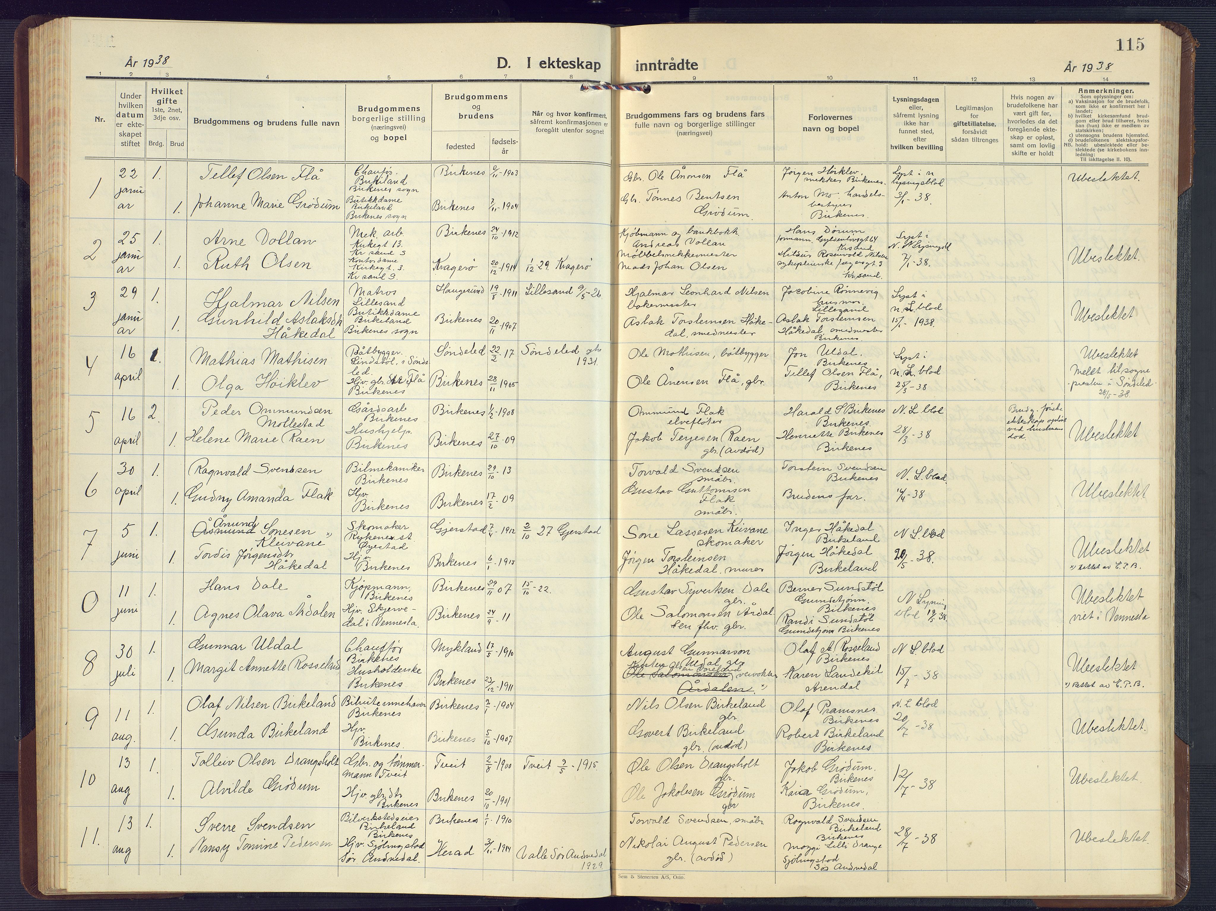 Birkenes sokneprestkontor, SAK/1111-0004/F/Fb/L0005: Parish register (copy) no. B 5, 1930-1957, p. 115