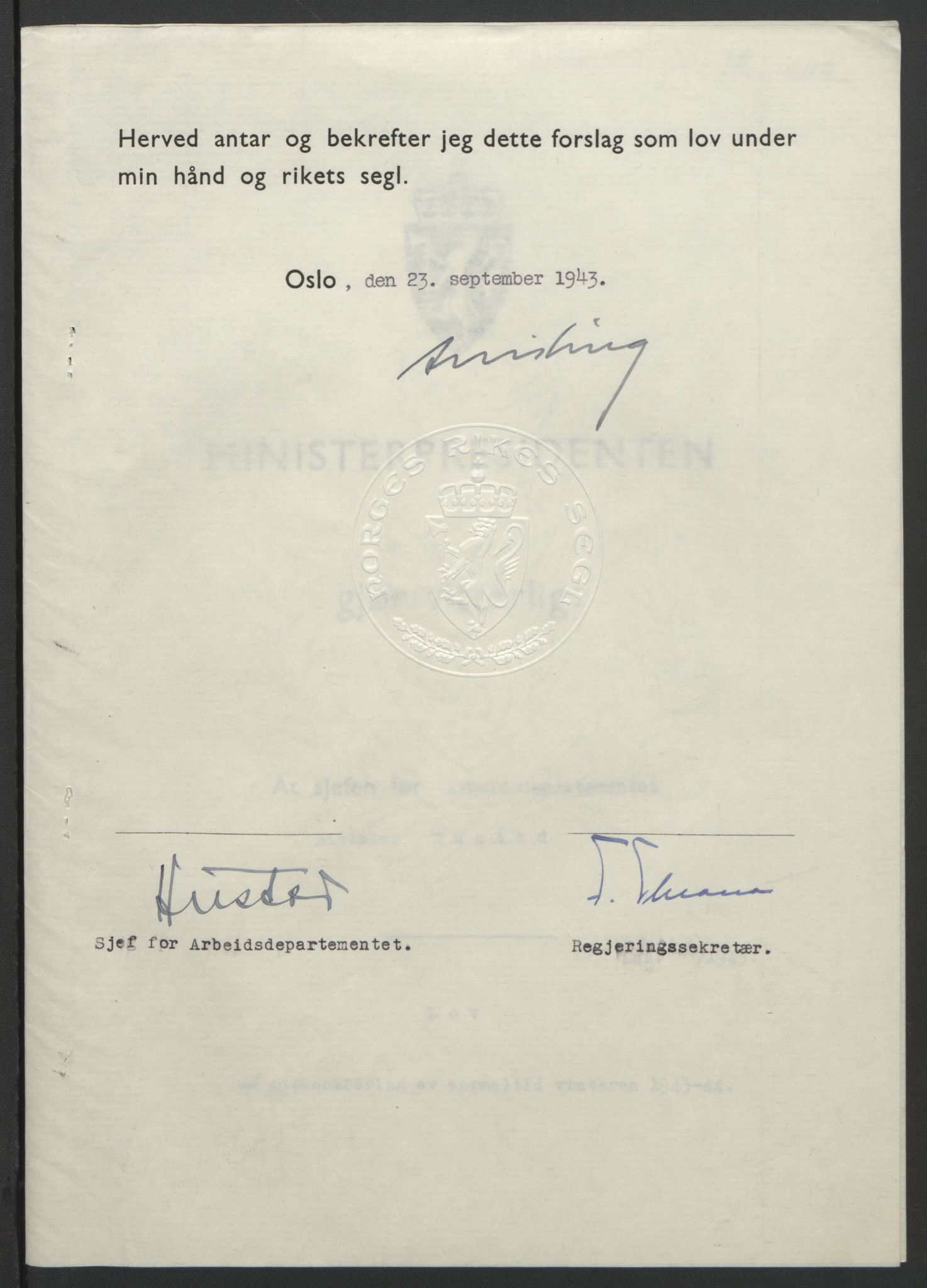 NS-administrasjonen 1940-1945 (Statsrådsekretariatet, de kommisariske statsråder mm), RA/S-4279/D/Db/L0099: Lover, 1943, p. 571