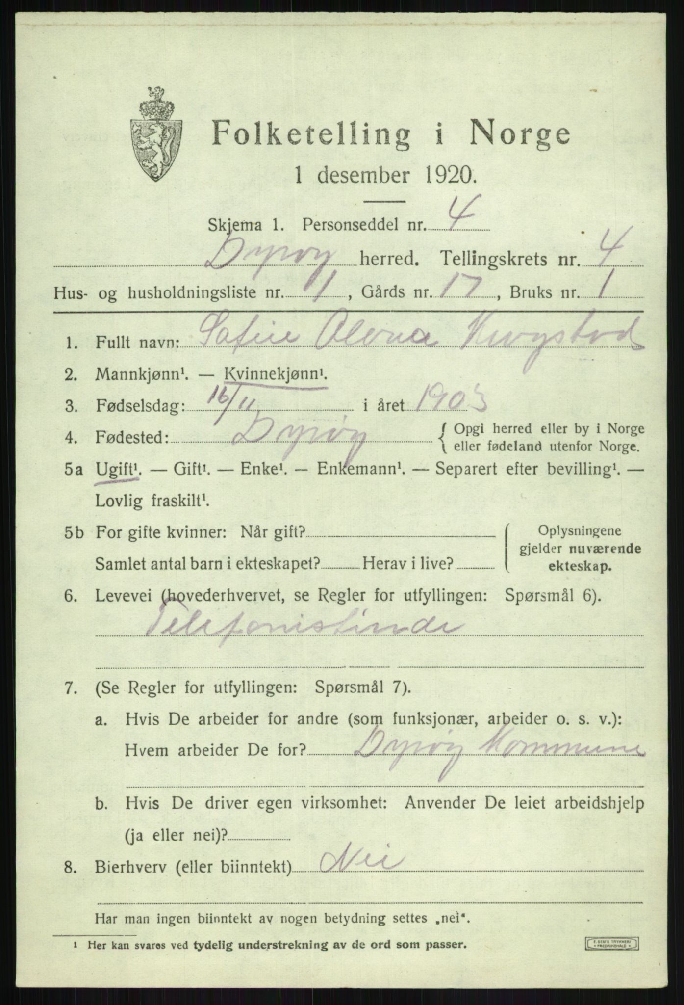 SATØ, 1920 census for Dyrøy, 1920, p. 2191