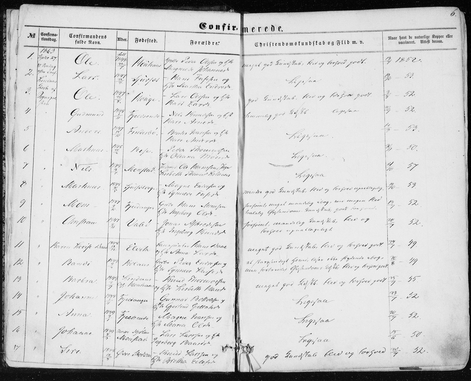Lindås Sokneprestembete, SAB/A-76701/H/Haa: Parish register (official) no. A 16, 1863-1875, p. 6