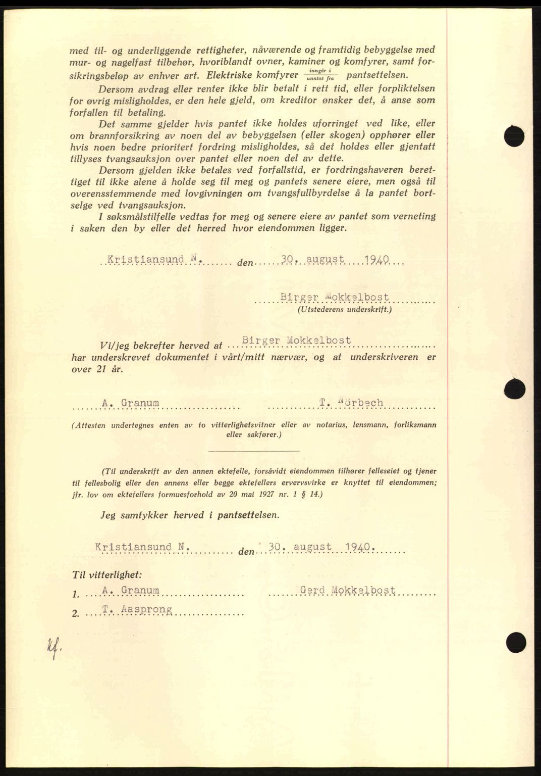 Nordmøre sorenskriveri, AV/SAT-A-4132/1/2/2Ca: Mortgage book no. B87, 1940-1941, Diary no: : 1487/1940