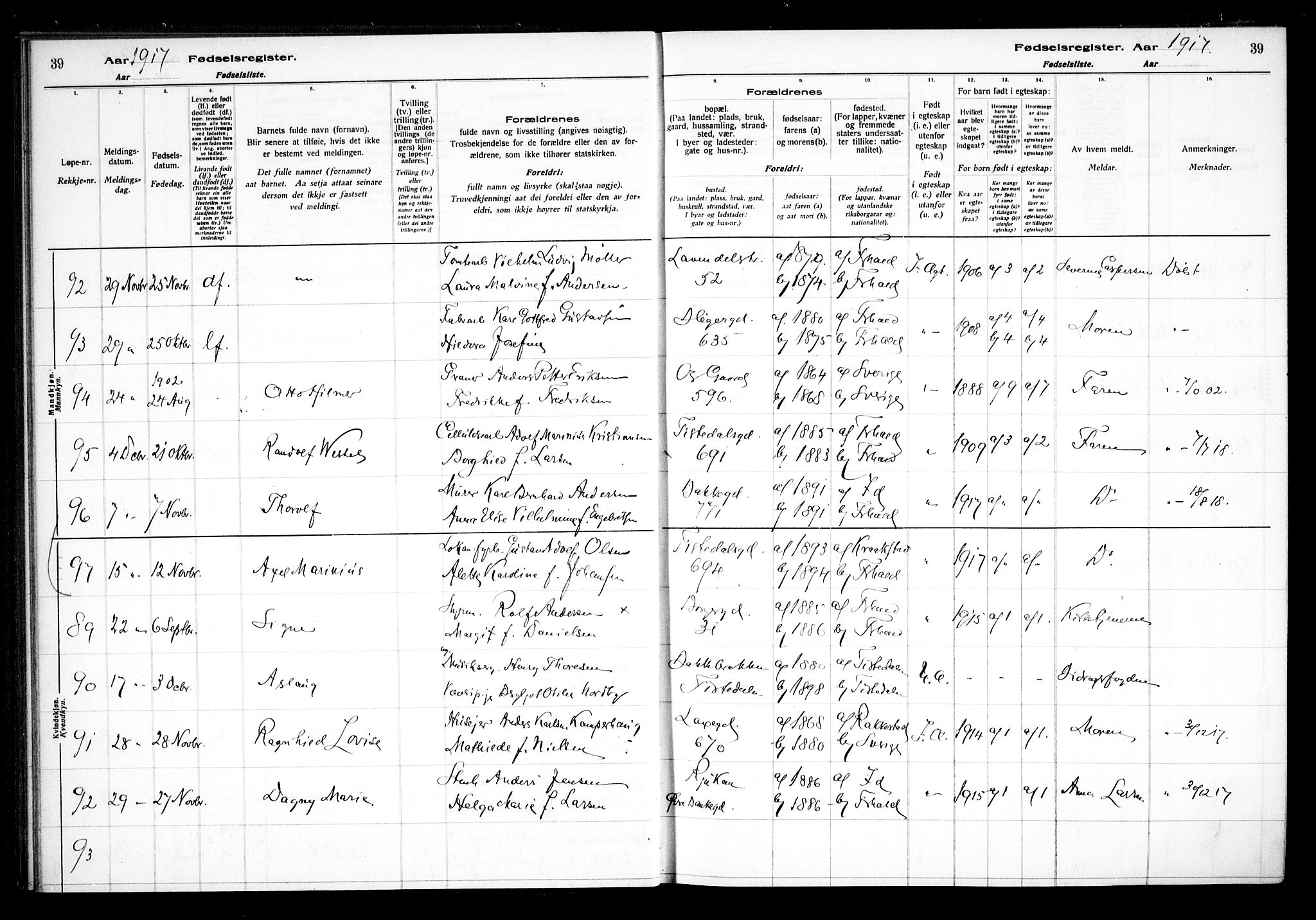 Halden prestekontor Kirkebøker, AV/SAO-A-10909/J/Ja/L0001: Birth register no. I 1, 1916-1925, p. 39