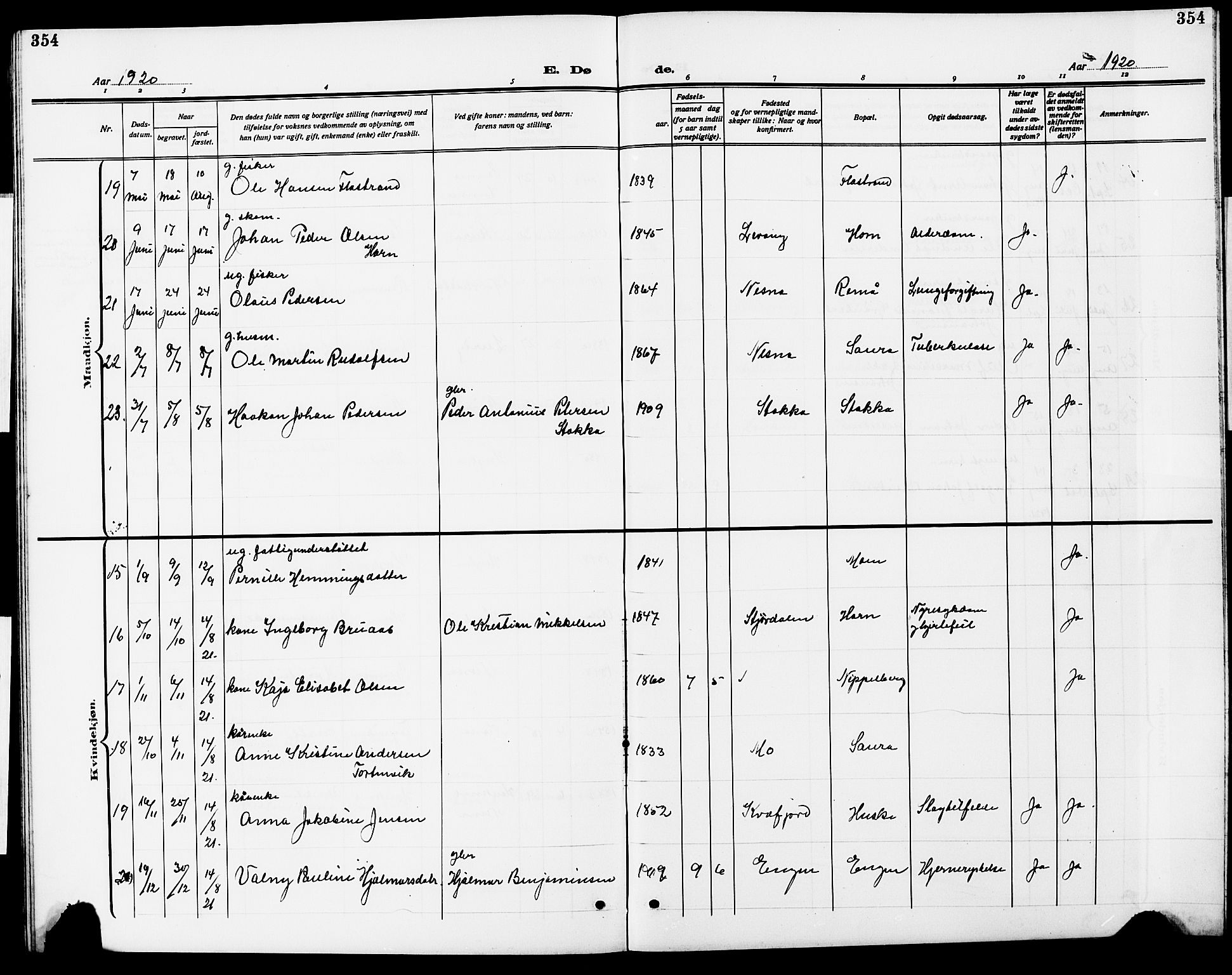 Ministerialprotokoller, klokkerbøker og fødselsregistre - Nordland, AV/SAT-A-1459/838/L0560: Parish register (copy) no. 838C07, 1910-1928, p. 354