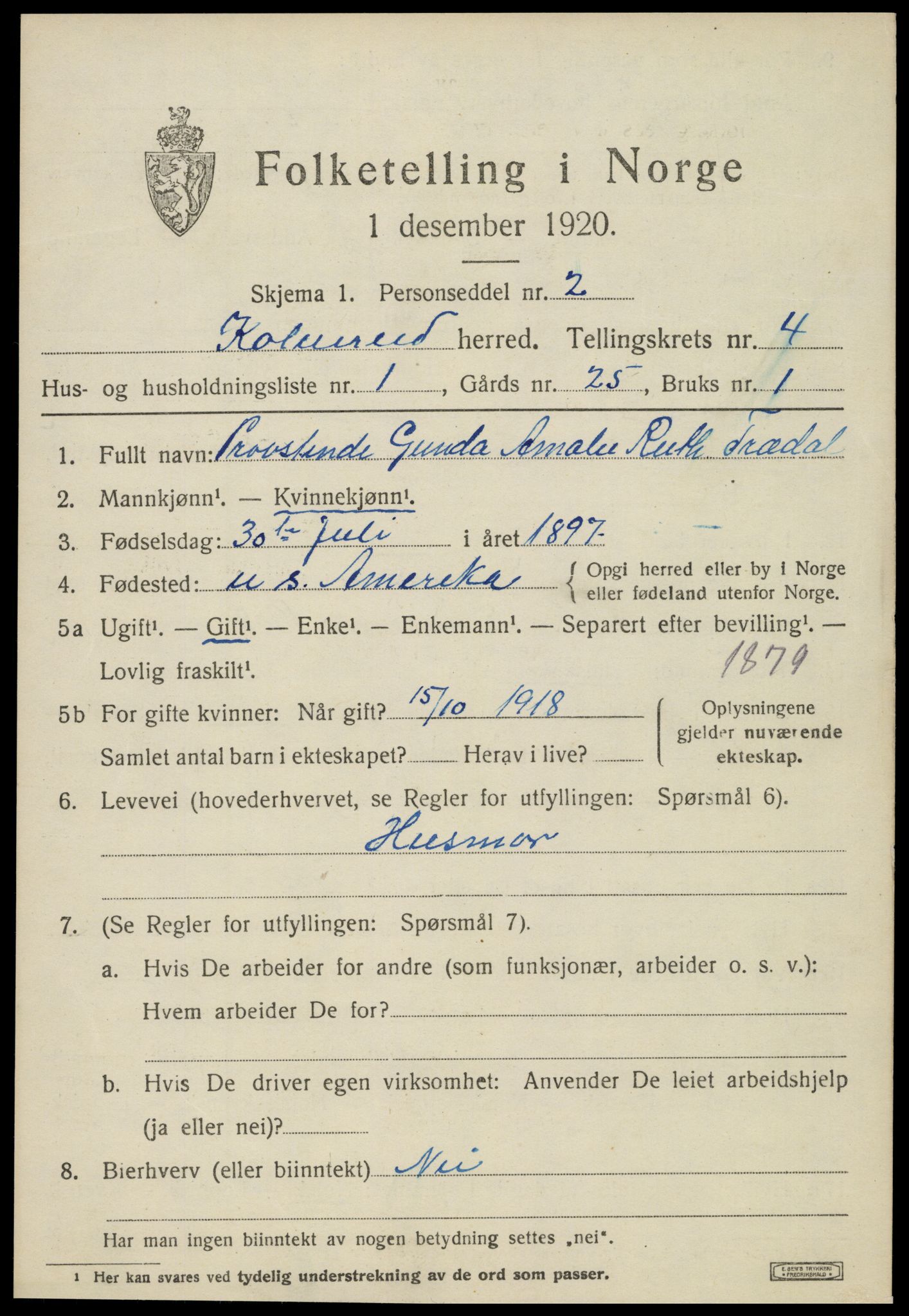 SAT, 1920 census for Kolvereid, 1920, p. 2455