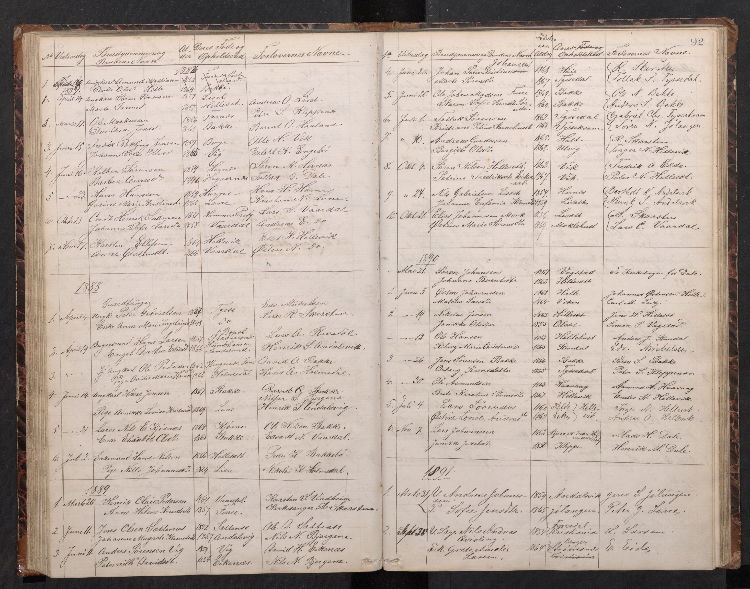 Fjaler sokneprestembete, SAB/A-79801/H/Hab/Habb/L0001: Parish register (copy) no. B 1, 1865-1894, p. 91b-92a