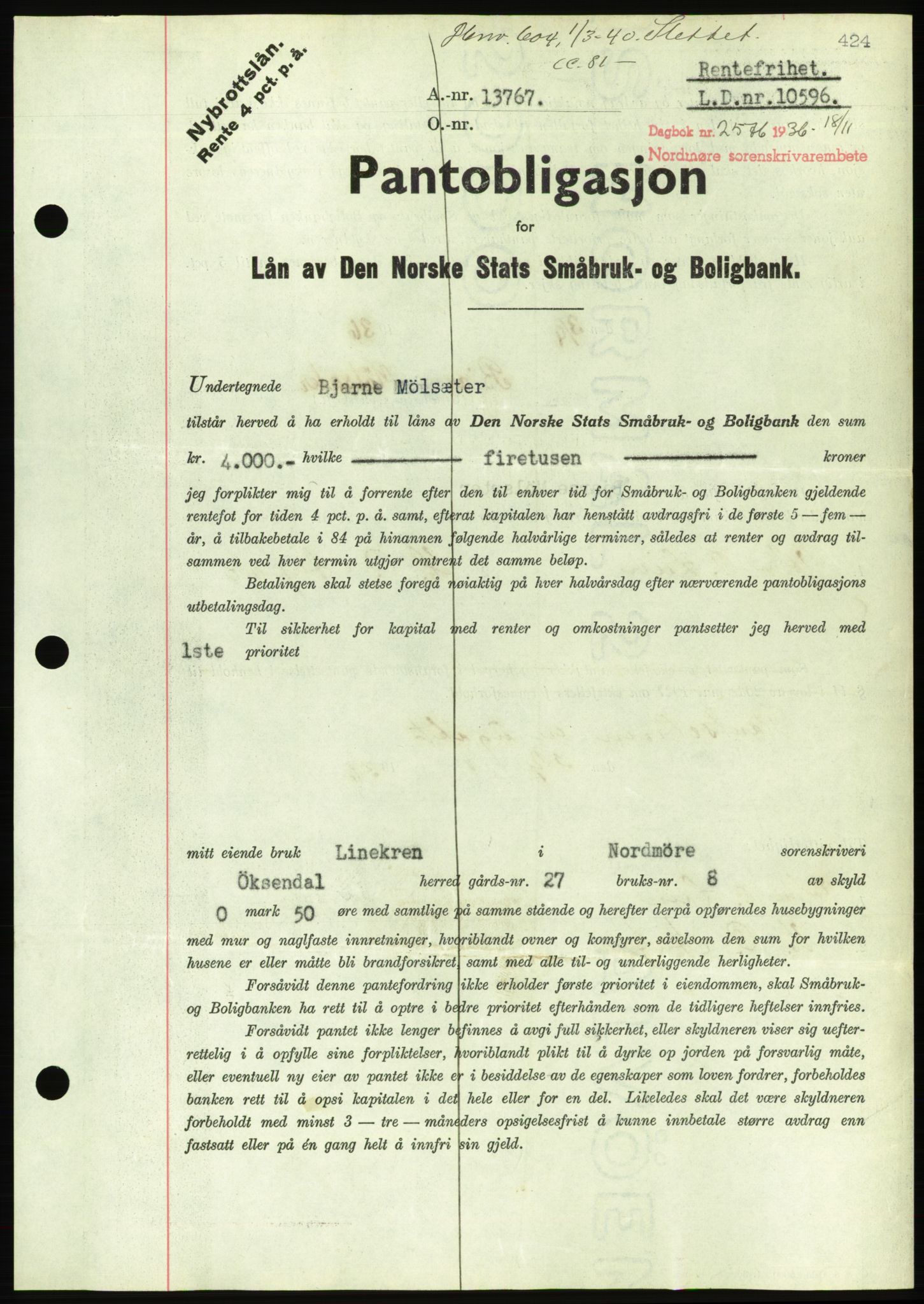 Nordmøre sorenskriveri, AV/SAT-A-4132/1/2/2Ca/L0090: Mortgage book no. B80, 1936-1937, Diary no: : 2576/1936