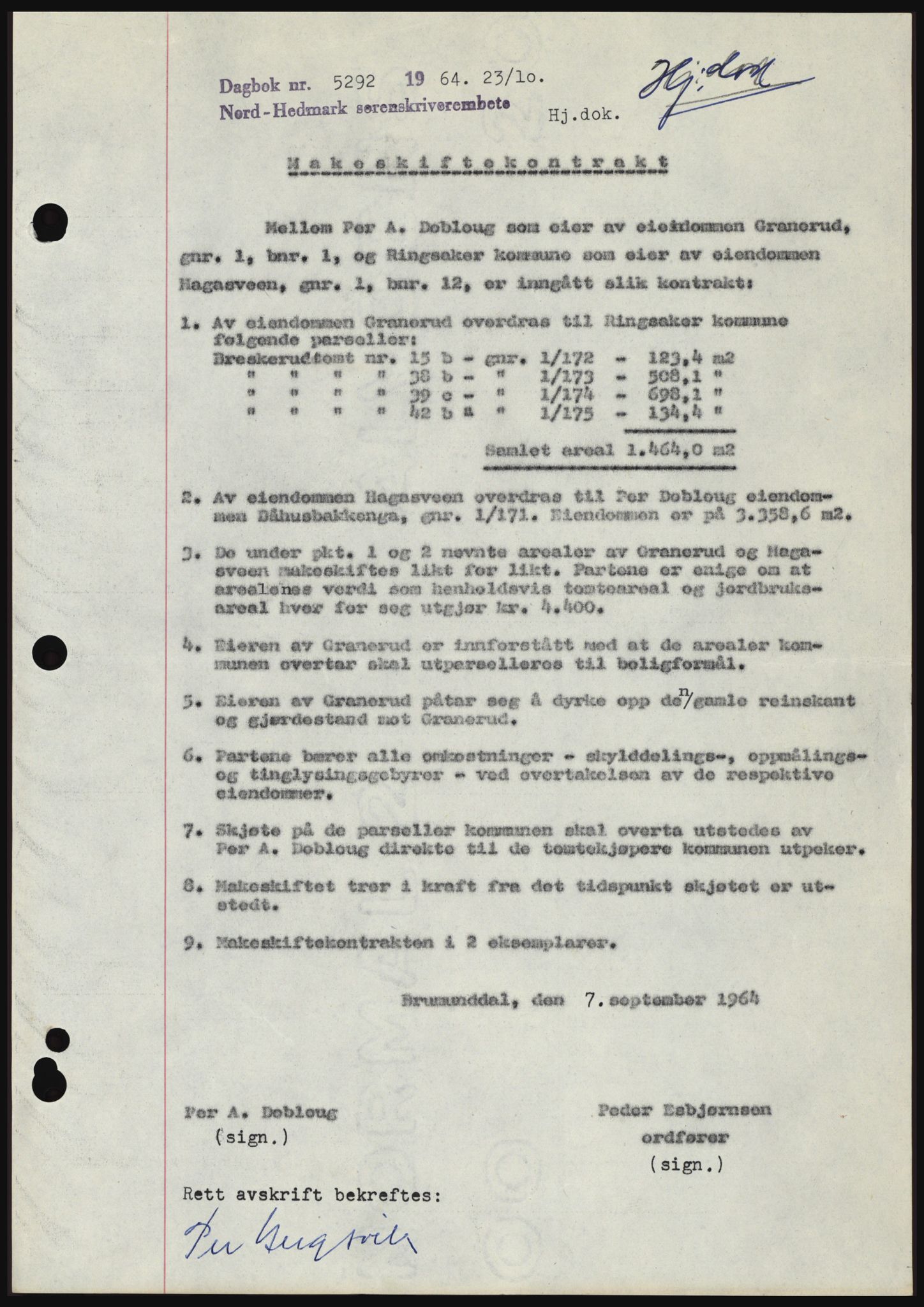 Nord-Hedmark sorenskriveri, AV/SAH-TING-012/H/Hc/L0020: Mortgage book no. 20, 1964-1964, Diary no: : 5292/1964