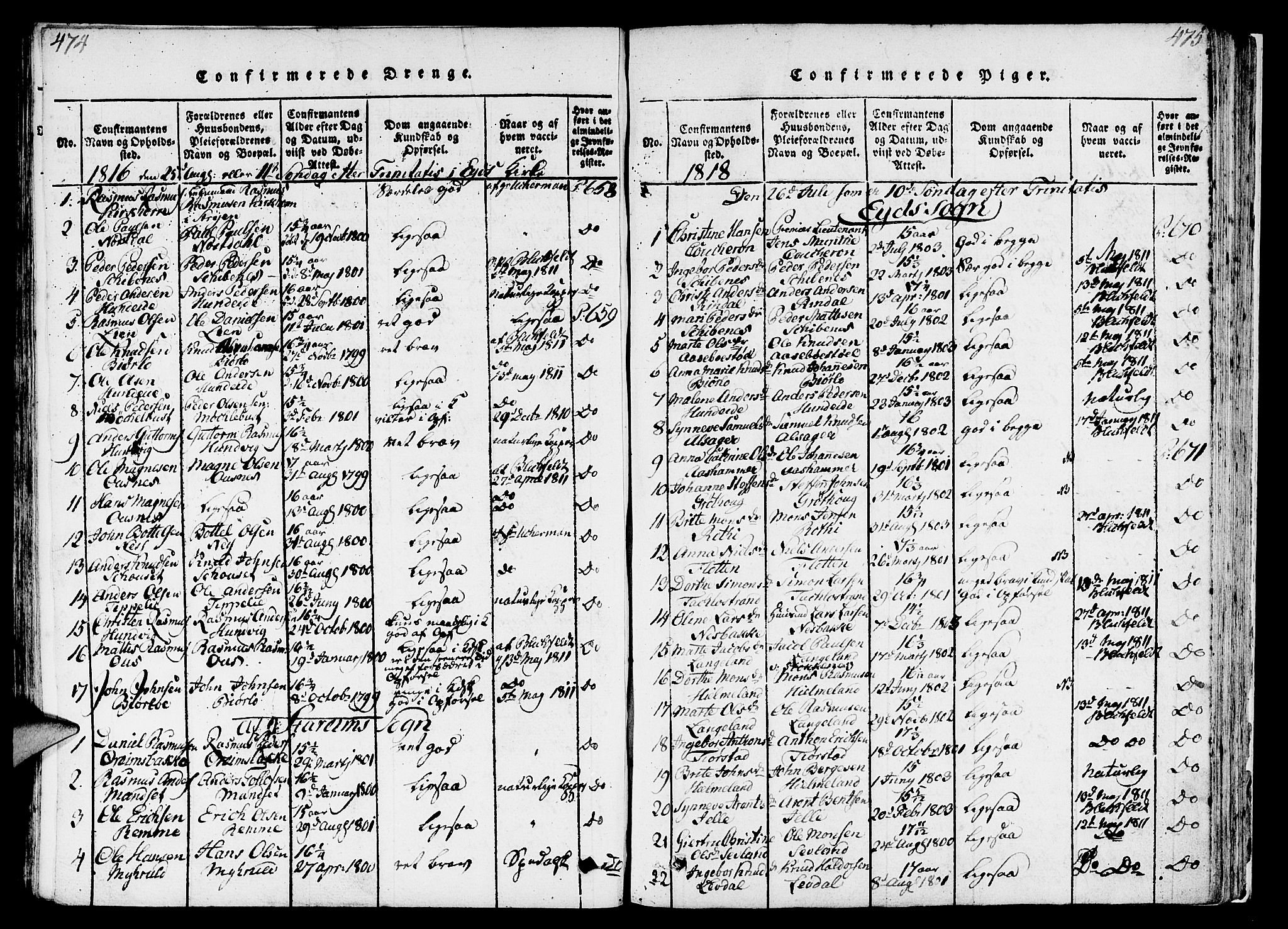 Eid sokneprestembete, SAB/A-82301/H/Haa/Haaa/L0005: Parish register (official) no. A 5, 1816-1830, p. 474-475