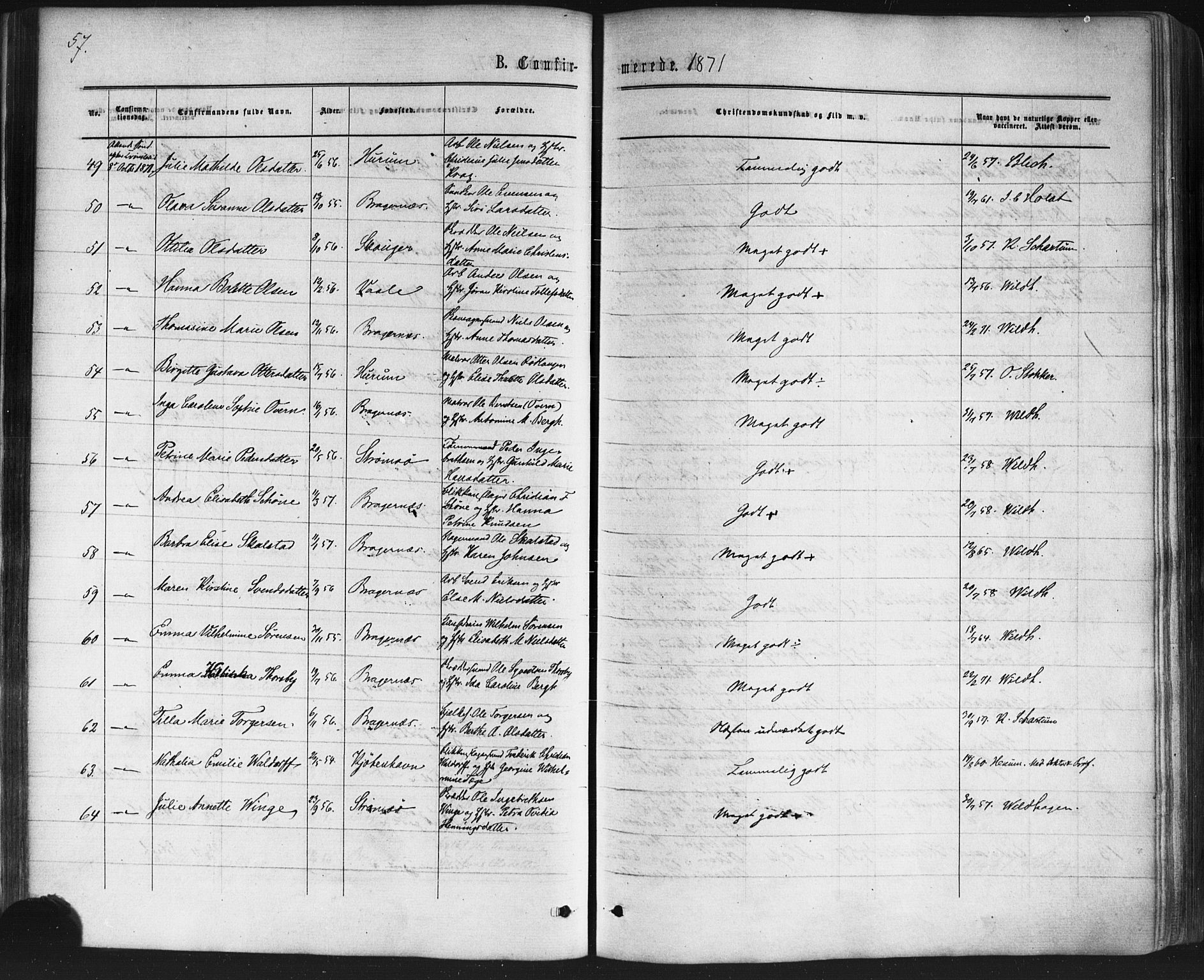 Bragernes kirkebøker, AV/SAKO-A-6/F/Fc/L0003: Parish register (official) no. III 3, 1865-1874, p. 57