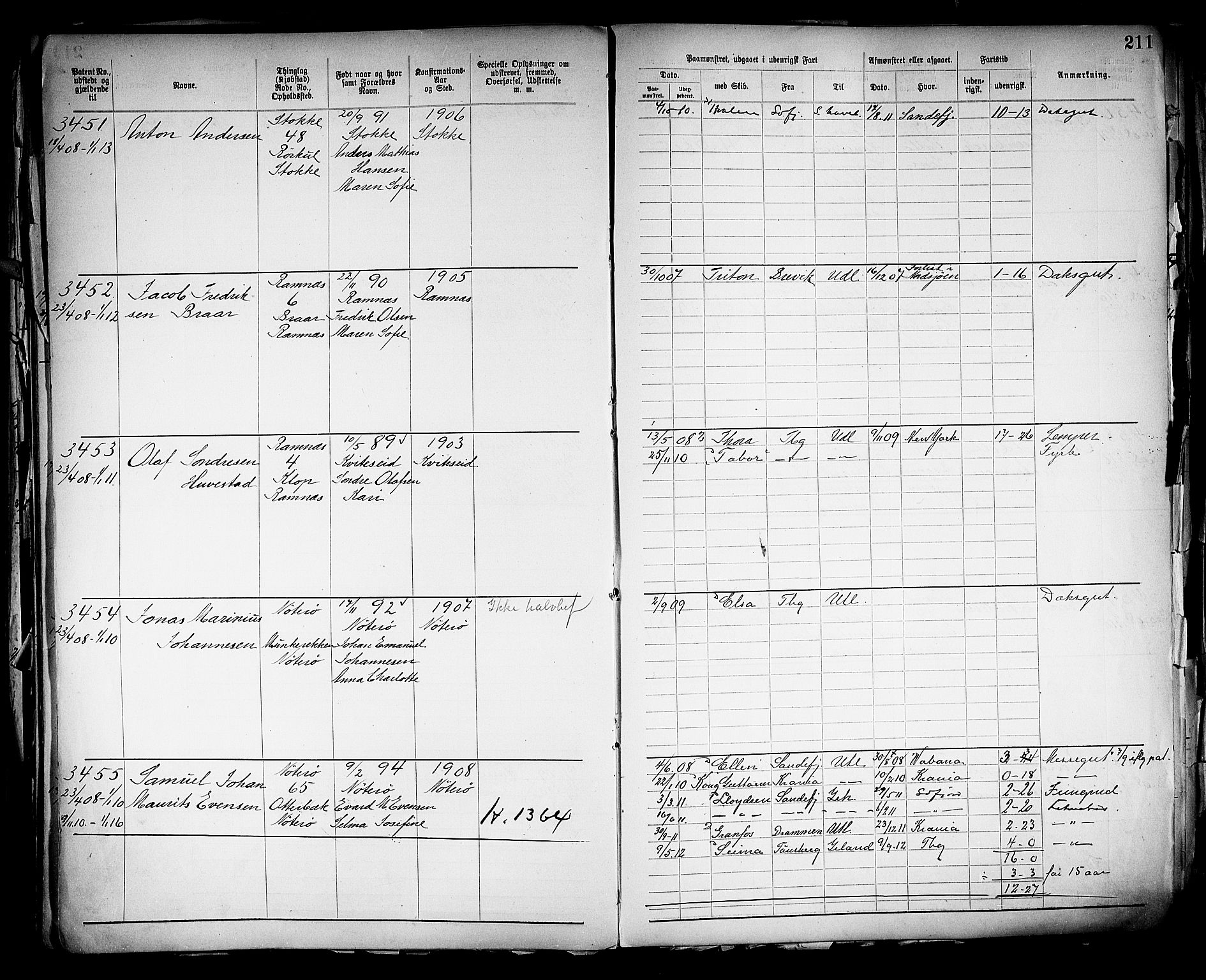 Tønsberg innrulleringskontor, SAKO/A-786/F/Fb/L0005: Annotasjonsrulle Patent nr. 2401-4080, 1904-1910, p. 214