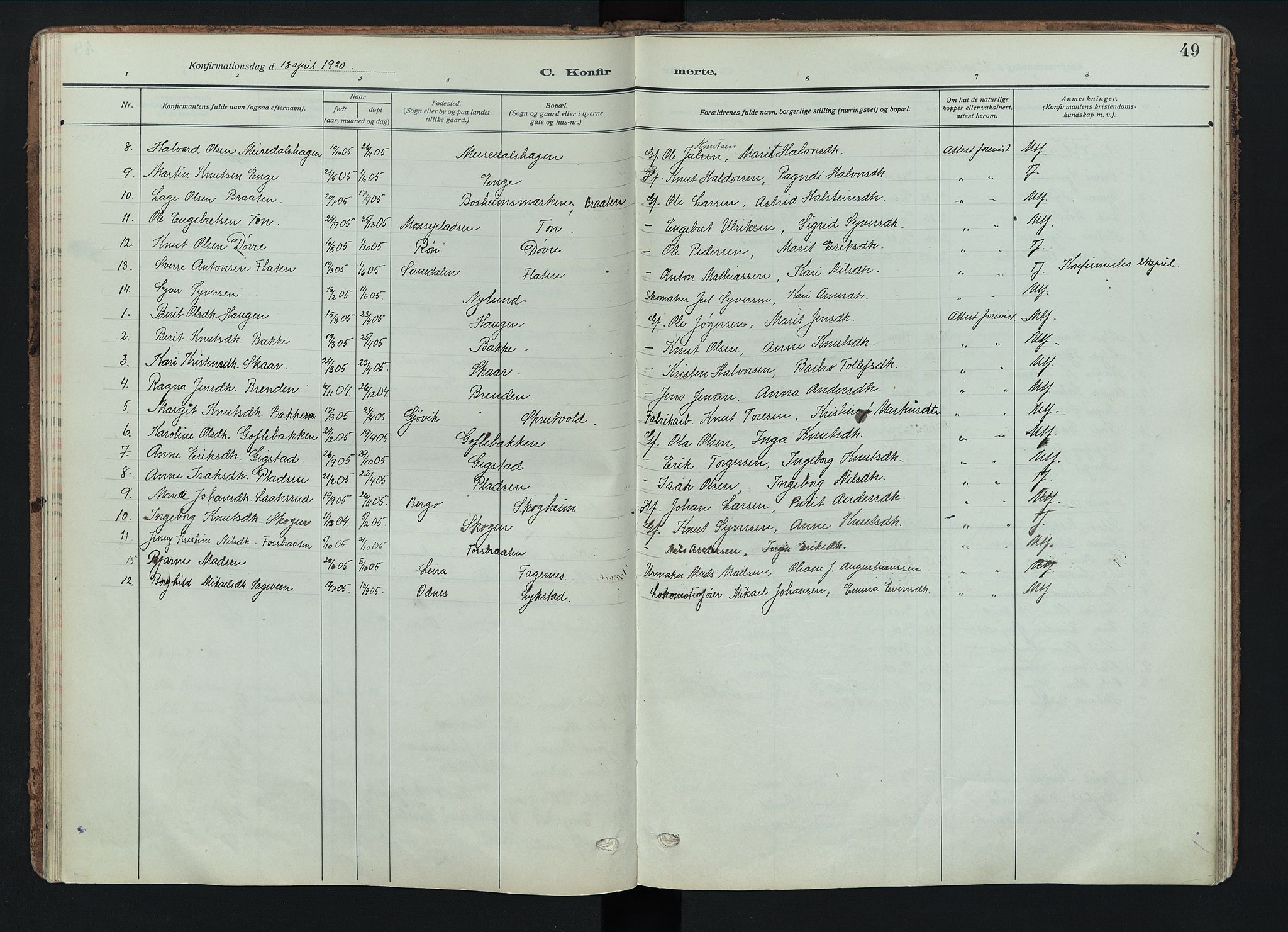 Nord-Aurdal prestekontor, AV/SAH-PREST-132/H/Ha/Haa/L0018: Parish register (official) no. 18, 1915-1935, p. 49