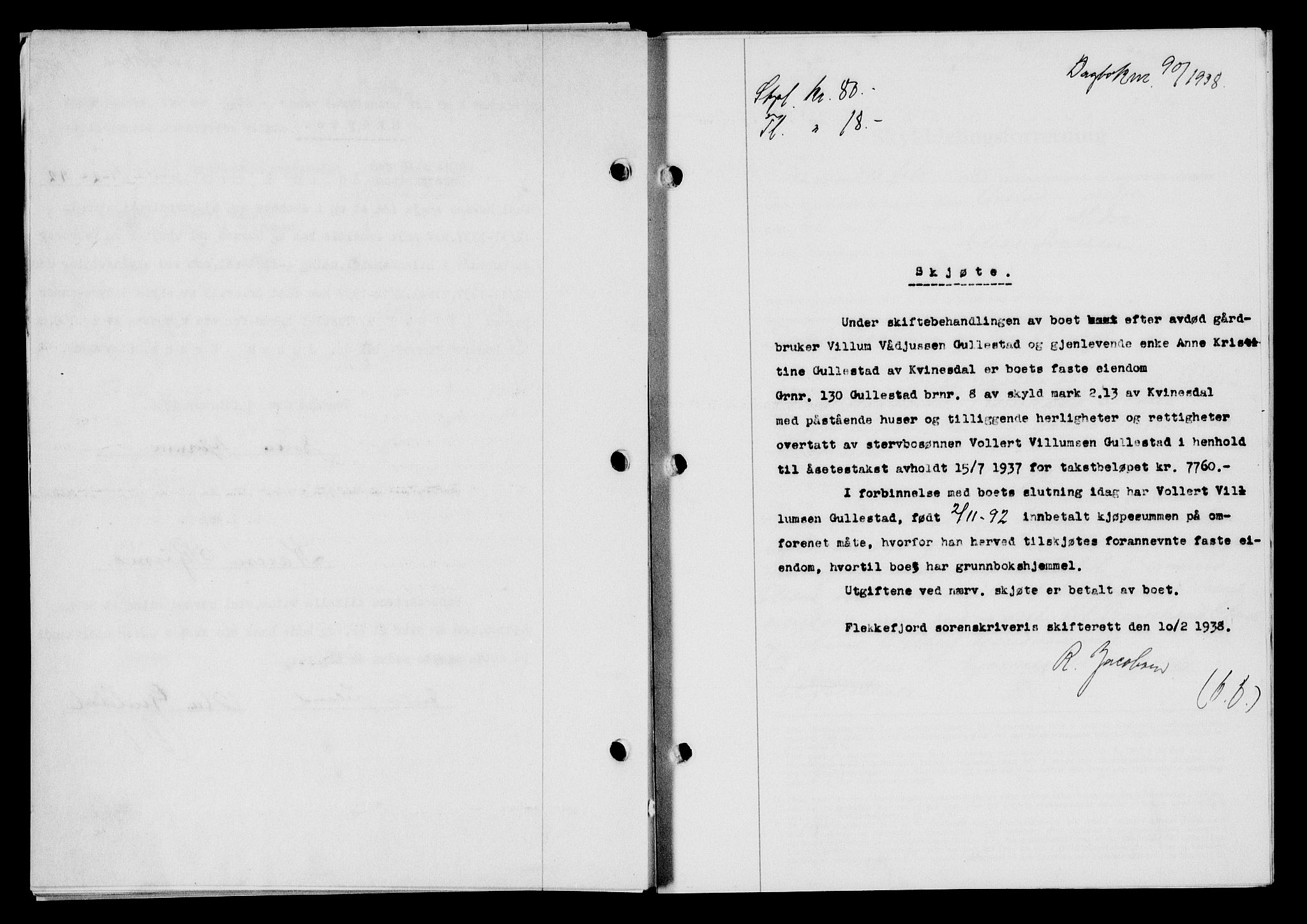 Flekkefjord sorenskriveri, SAK/1221-0001/G/Gb/Gba/L0054: Mortgage book no. A-2, 1937-1938, Diary no: : 90/1938
