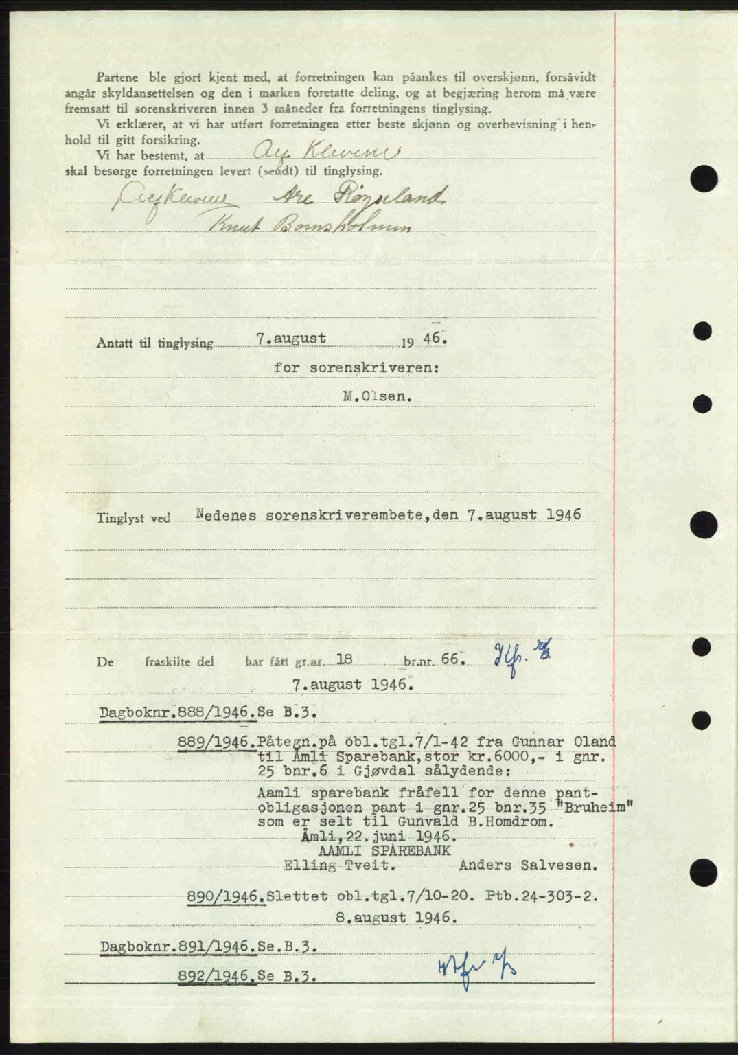 Nedenes sorenskriveri, AV/SAK-1221-0006/G/Gb/Gba/L0055: Mortgage book no. A7, 1946-1946, Diary no: : 887/1946