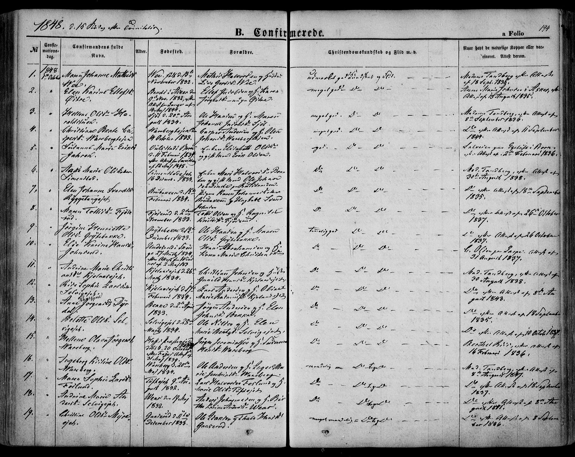 Sande Kirkebøker, SAKO/A-53/F/Fa/L0004: Parish register (official) no. 4, 1847-1864, p. 194