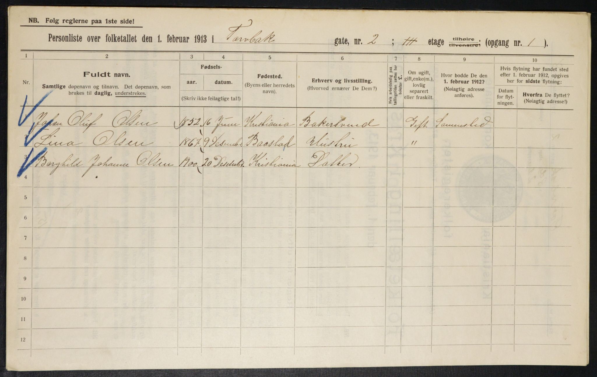 OBA, Municipal Census 1913 for Kristiania, 1913, p. 114986