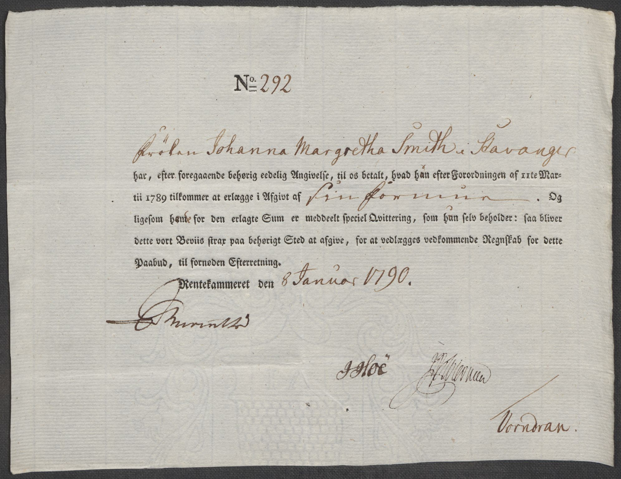 Rentekammeret inntil 1814, Reviderte regnskaper, Mindre regnskaper, AV/RA-EA-4068/Rf/Rfe/L0045: Stavanger, Stjørdal og Verdal fogderi, 1789, p. 126