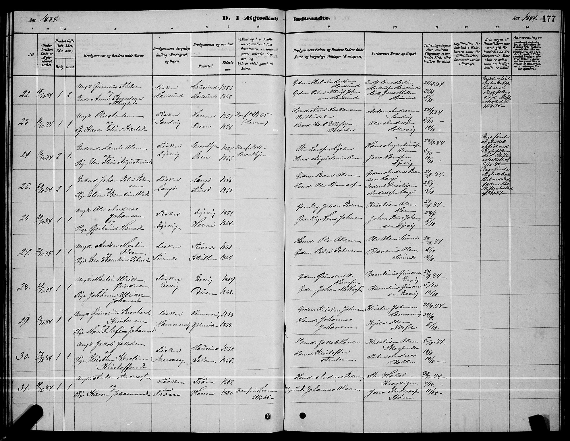 Ministerialprotokoller, klokkerbøker og fødselsregistre - Sør-Trøndelag, SAT/A-1456/640/L0585: Parish register (copy) no. 640C03, 1878-1891, p. 177