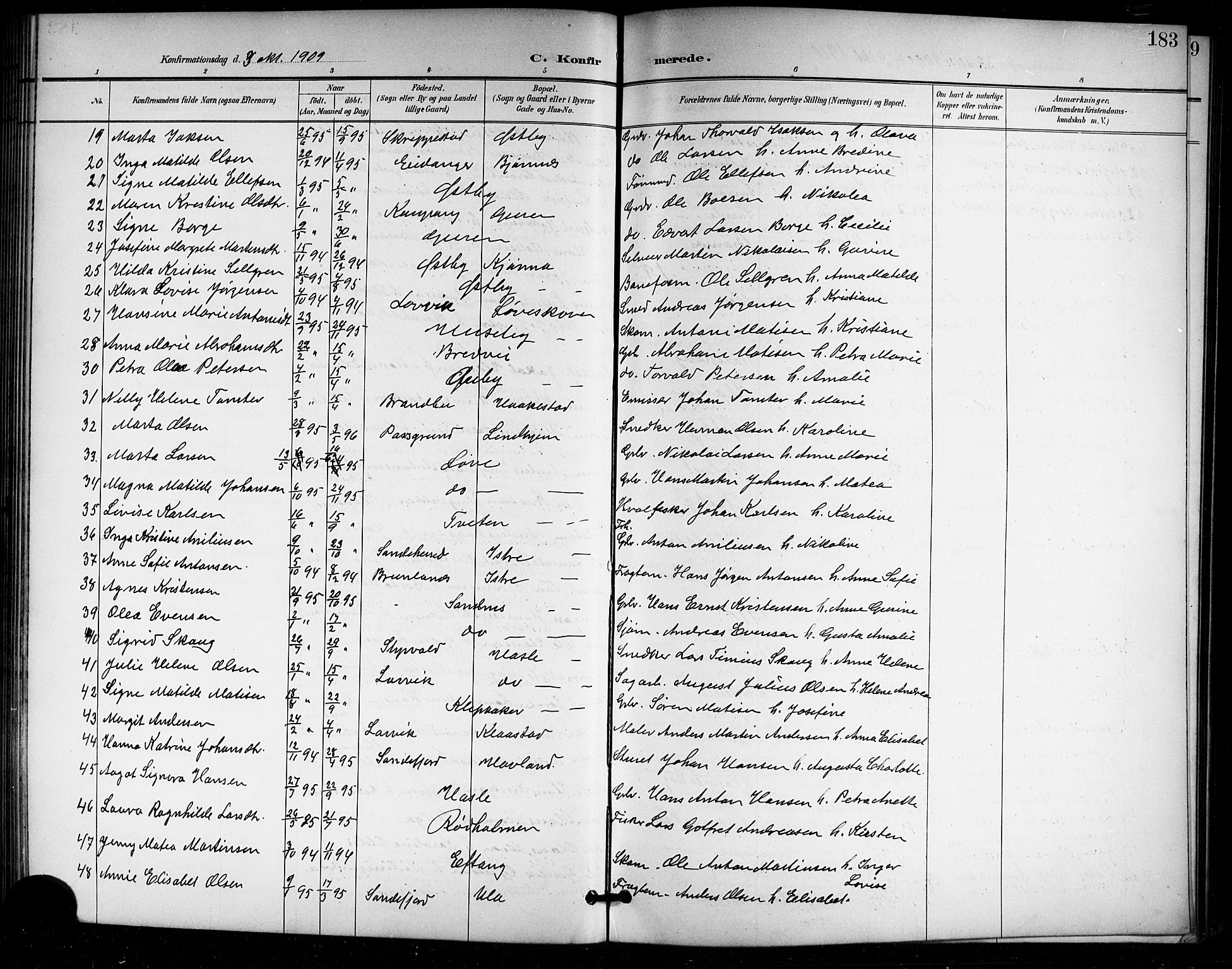 Tjølling kirkebøker, SAKO/A-60/G/Ga/L0002: Parish register (copy) no. 2, 1895-1918, p. 183