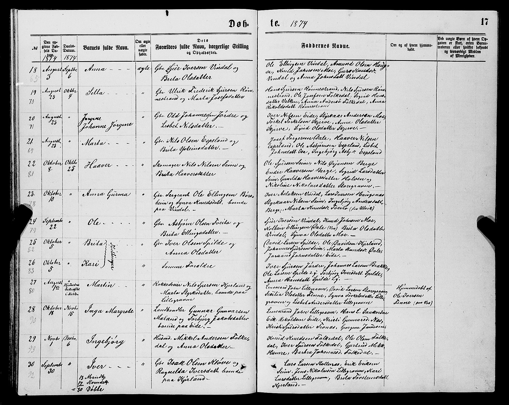 Ulvik sokneprestembete, SAB/A-78801/H/Hab: Parish register (copy) no. B 2, 1869-1883, p. 17