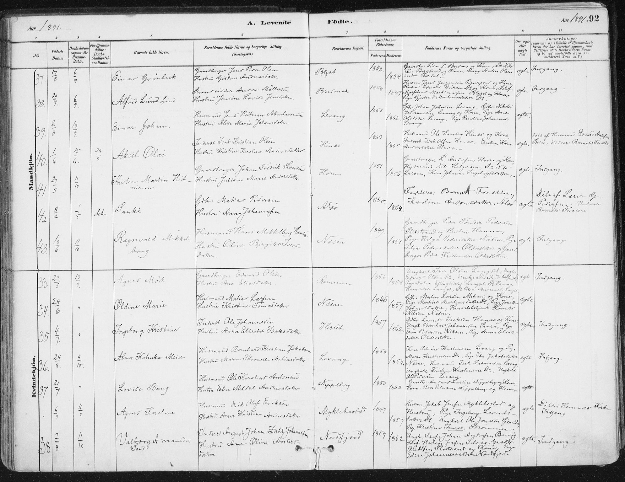 Ministerialprotokoller, klokkerbøker og fødselsregistre - Nordland, AV/SAT-A-1459/838/L0552: Parish register (official) no. 838A10, 1880-1910, p. 92