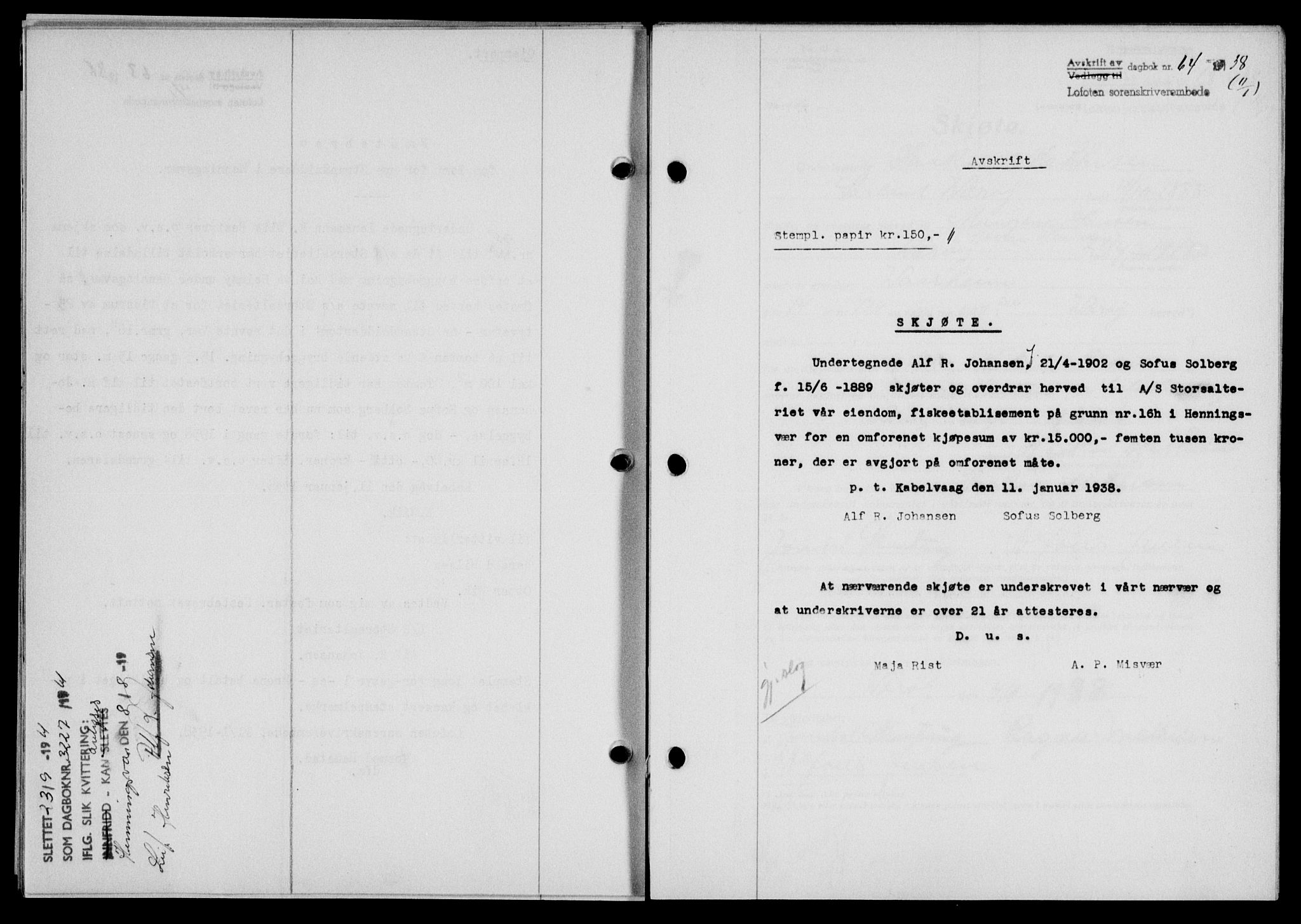 Lofoten sorenskriveri, SAT/A-0017/1/2/2C/L0003a: Mortgage book no. 3a, 1937-1938, Diary no: : 64/1938