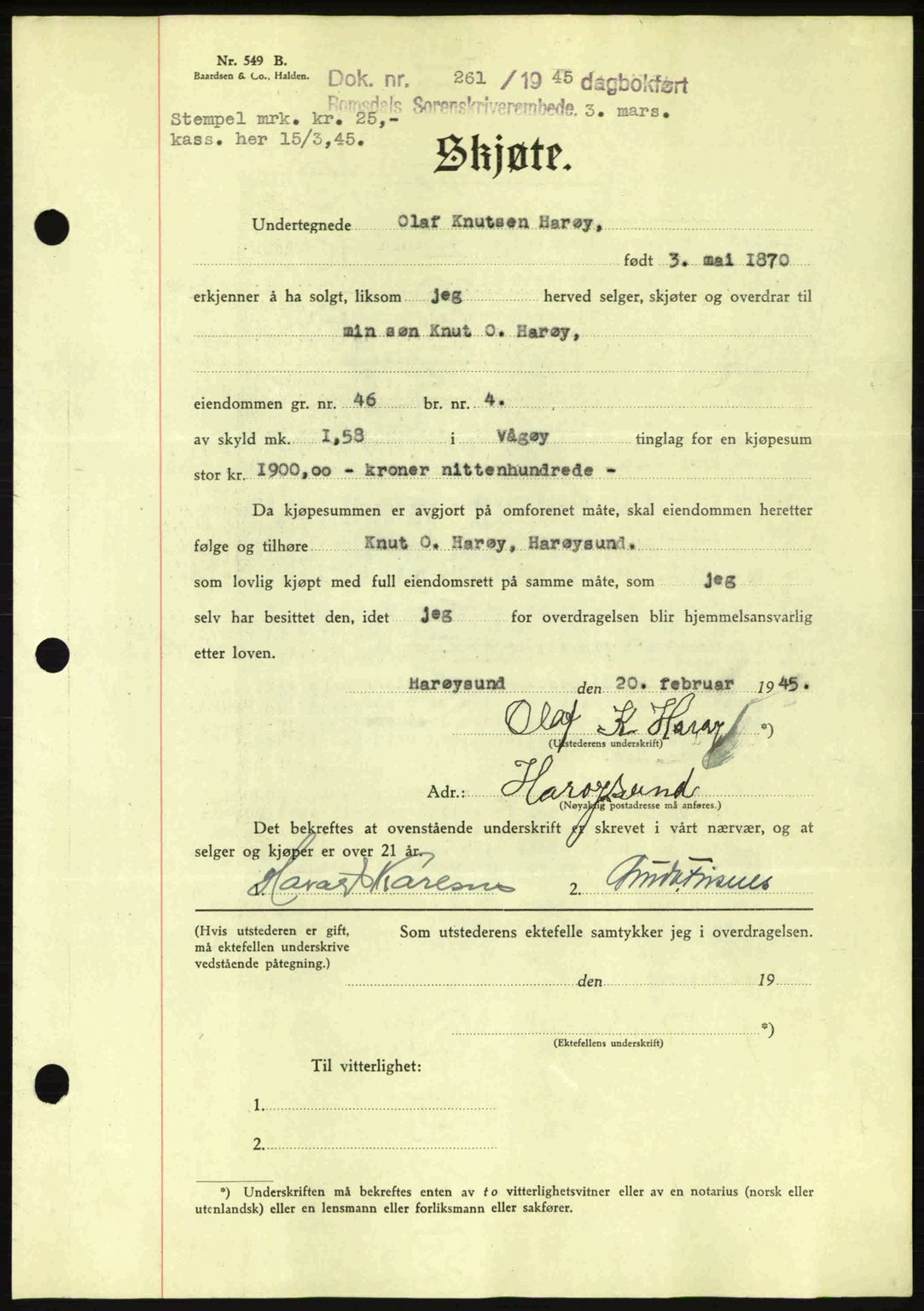 Romsdal sorenskriveri, AV/SAT-A-4149/1/2/2C: Mortgage book no. A17, 1944-1945, Diary no: : 261/1945