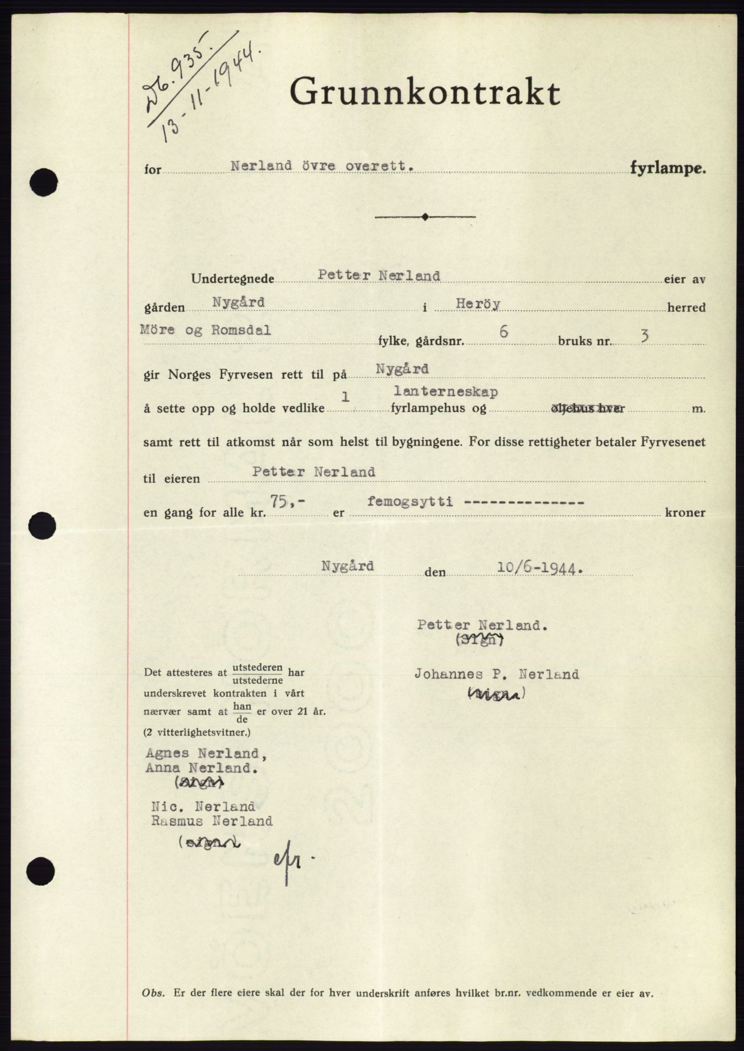 Søre Sunnmøre sorenskriveri, AV/SAT-A-4122/1/2/2C/L0076: Mortgage book no. 2A, 1943-1944, Diary no: : 935/1944