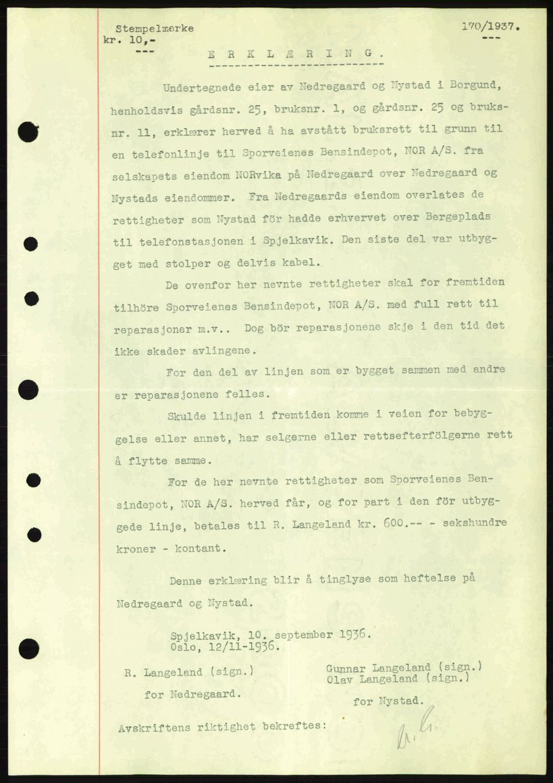 Nordre Sunnmøre sorenskriveri, AV/SAT-A-0006/1/2/2C/2Ca: Mortgage book no. A2, 1936-1937, Diary no: : 170/1937